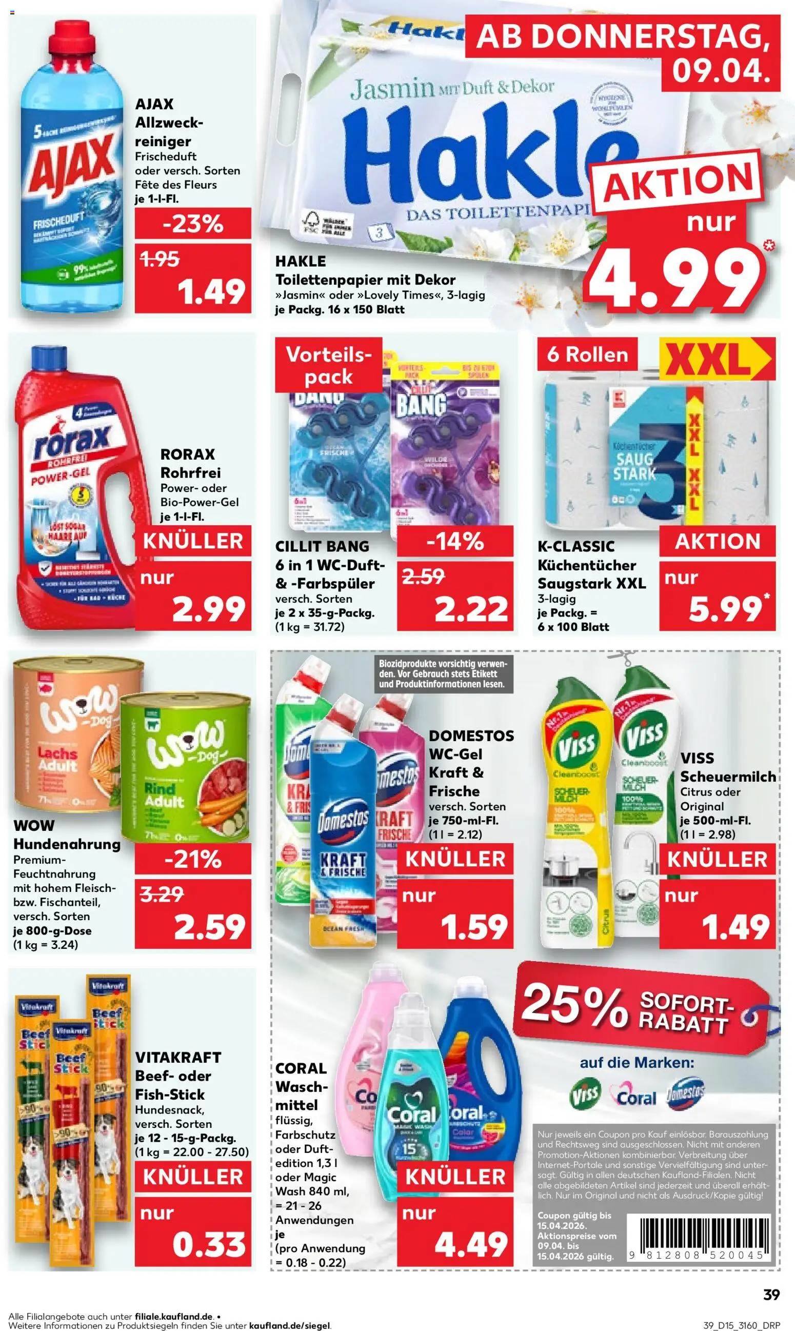 Kaufland Prospekt – gültig ab 09.04.2026 | Seite: 39 | Produkte: Coral waschmittel, Duft, Fleisch, Toilettenpapier