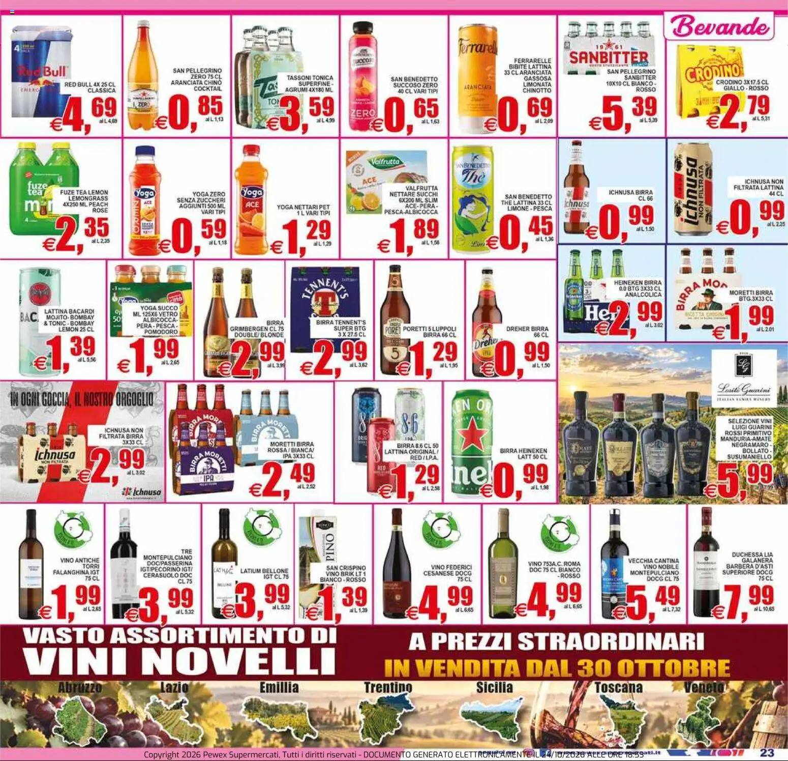 Volantino Pewex del 23/10/2026 | Pagina: 23 | Prodotti: Tennent's, Birra Heineken, Vino, Agrumi