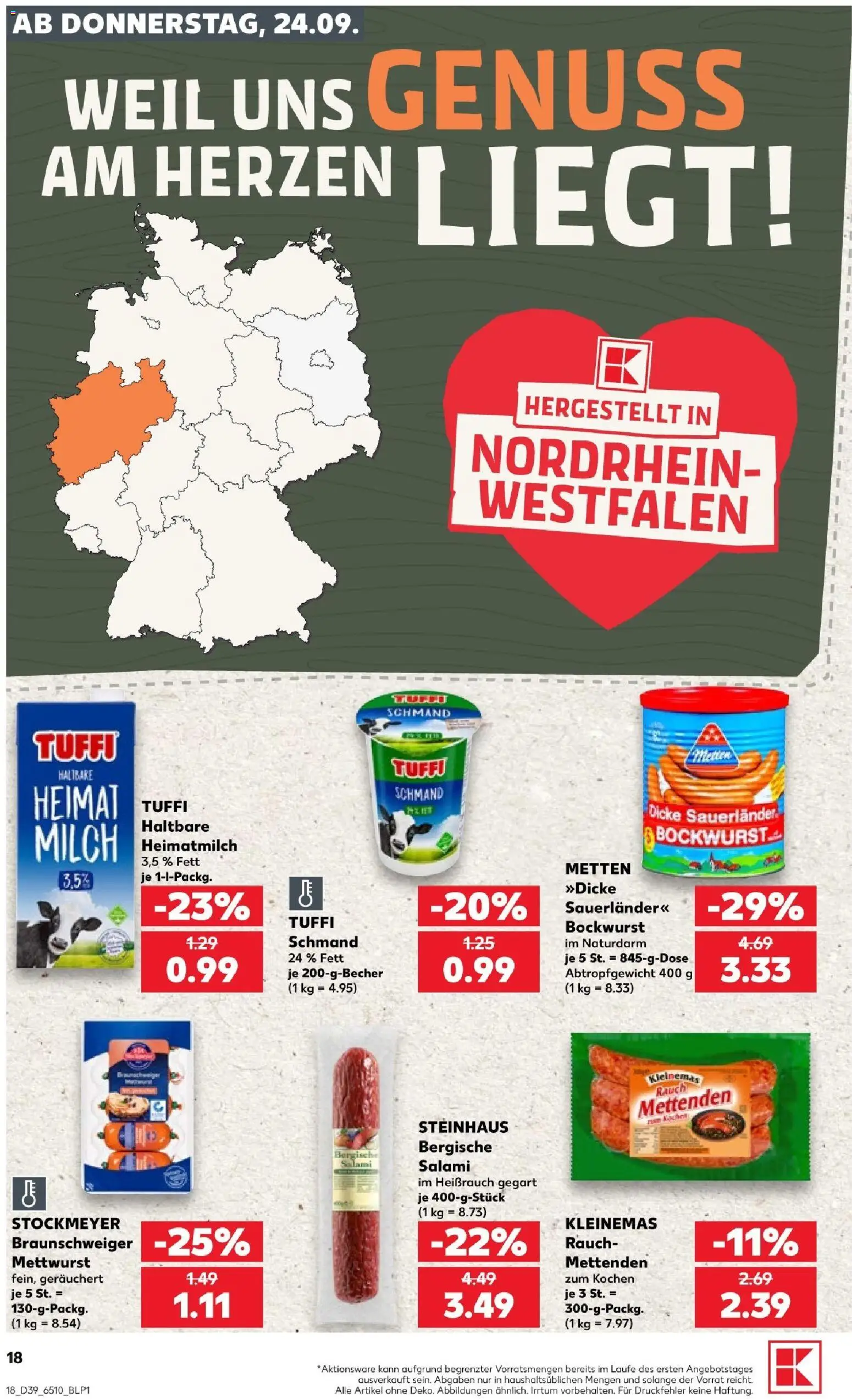 Kaufland Prospekt Köln – gültig ab 24.09.2026 | Seite: 18 | Produkte: Bockwurst, Milch, Salami