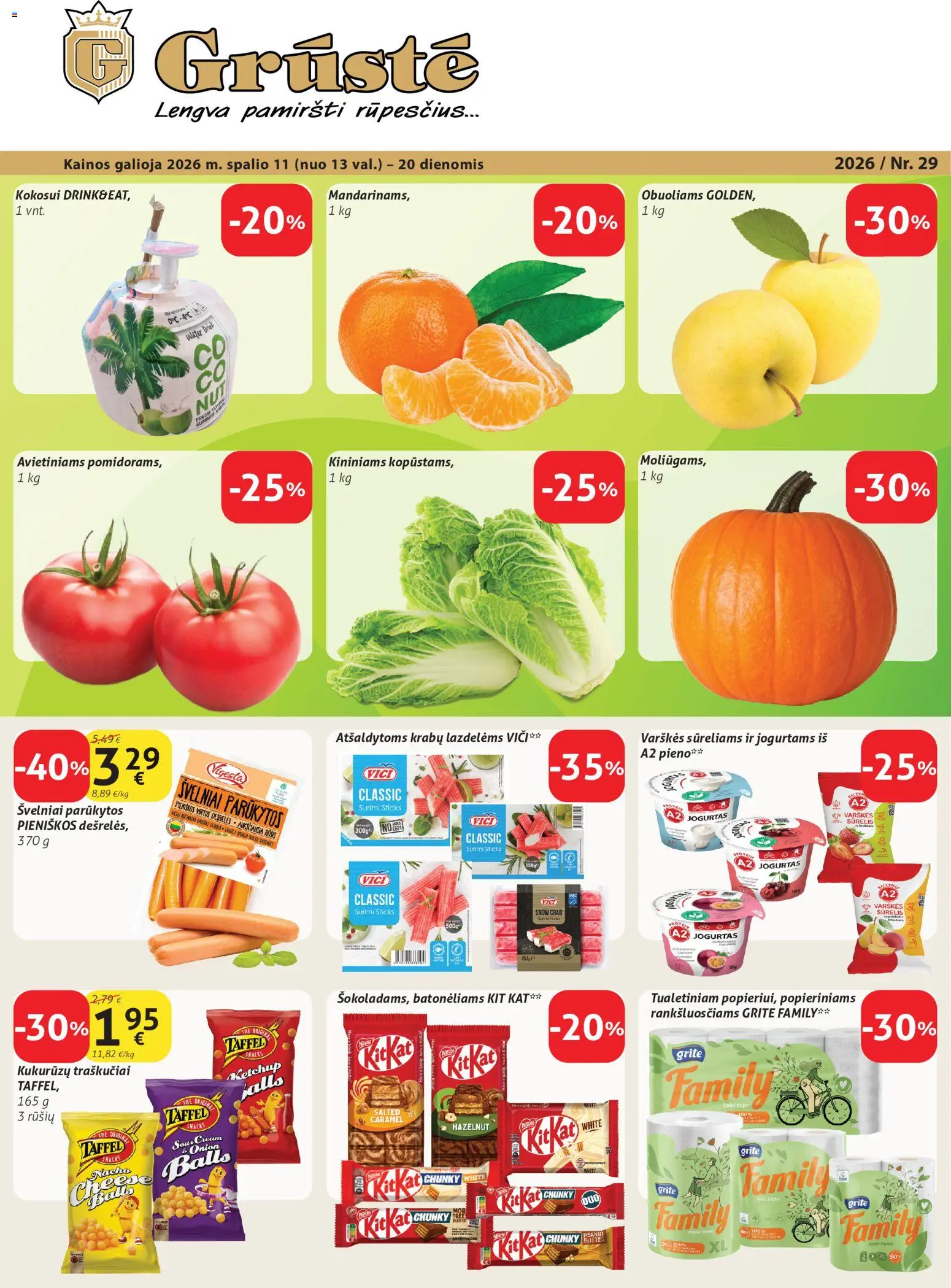 GRUSTE akcijos nuo 2026.10.11 | Puslapis: 1 | Prekių: Sūrelis, Jogurtas, Surimi, Traškučiai