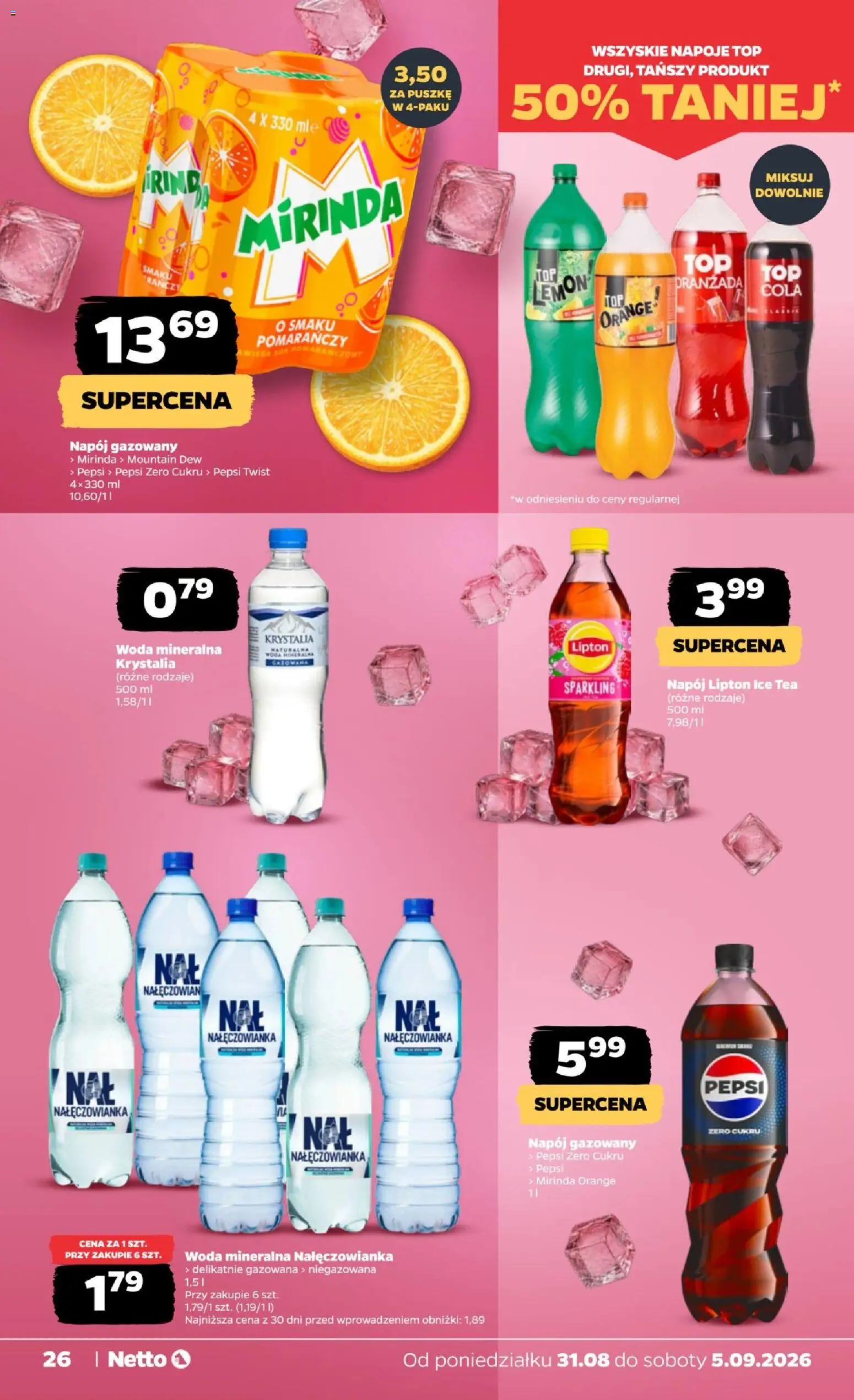 Netto gazetka od poniedziałku od 31.08.2026 | Strona: 26 | Produkty: Top, Napoje, Pepsi mirinda, Pepsi Zero