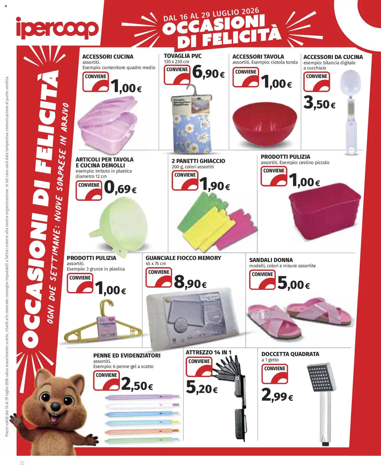 Volantino Ipercoop del 16/07/2026 | Pagina: 32 | Prodotti: Sandali, Penne, Cestino, Guanciale