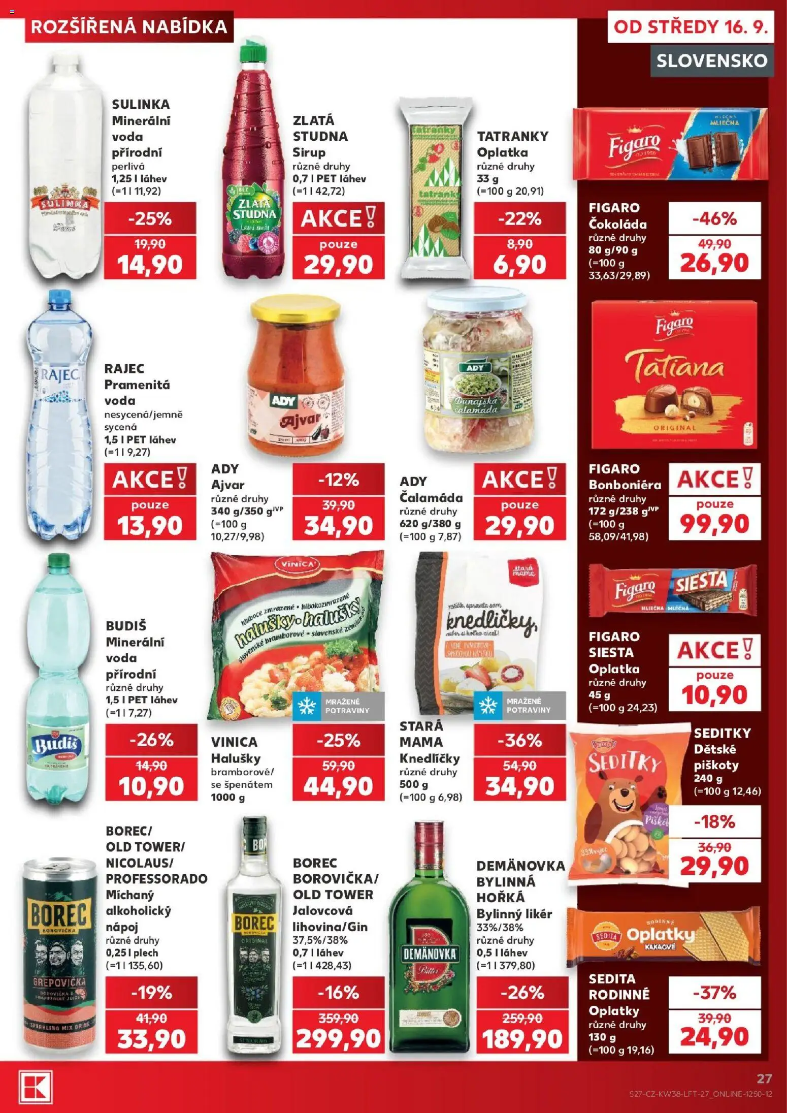 Kaufland leták - Brno od 16.09.2026 | Strana: 27 | Produkty: Voda, Piškoty, Bylinný likér, Sirup