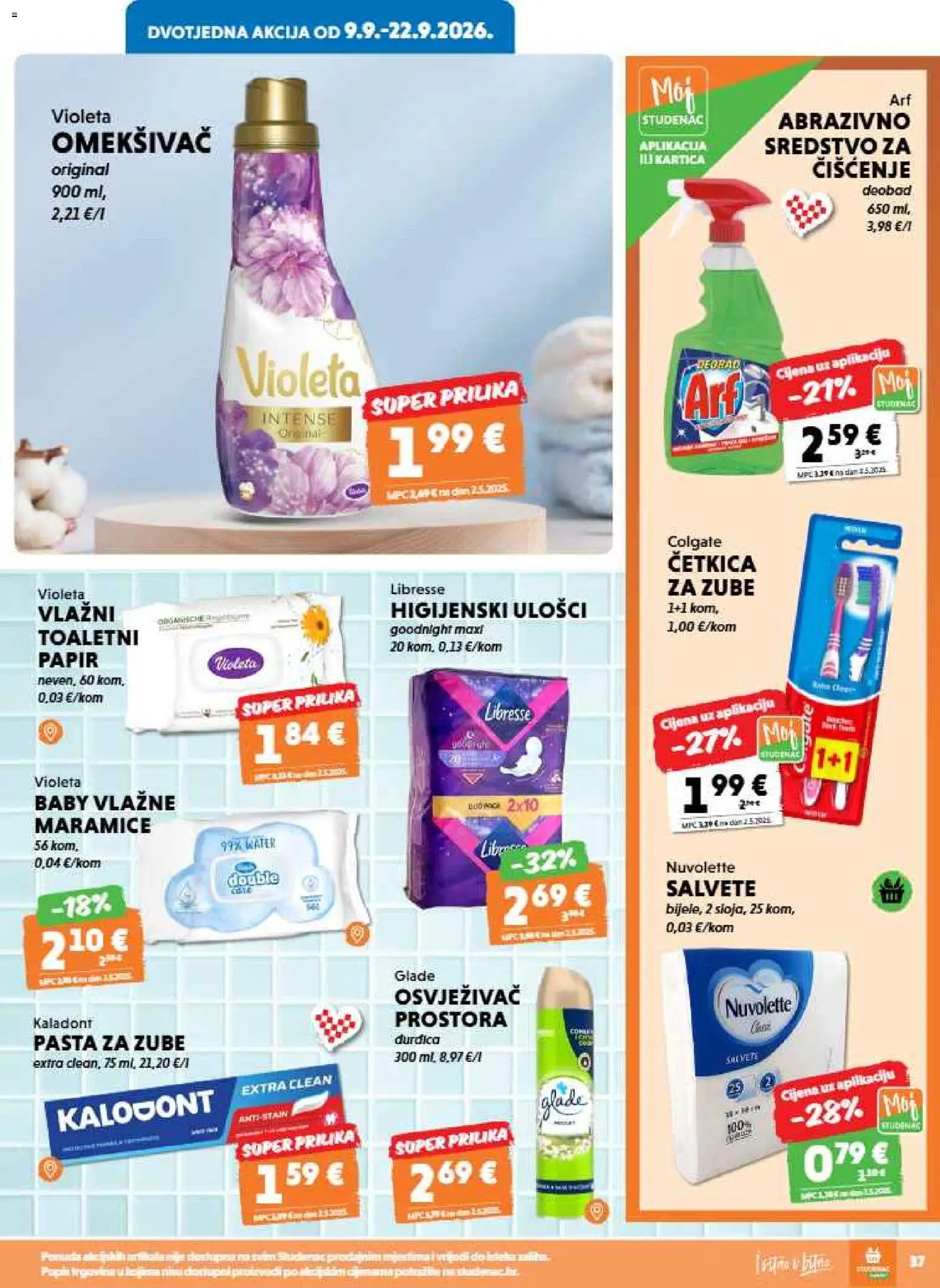 Studenac katalog | vrijedi od 09.09.2026 | Stranica: 37 | Proizvodi: Higijenski ulošci, Pasta za zube, Salvete, Violeta