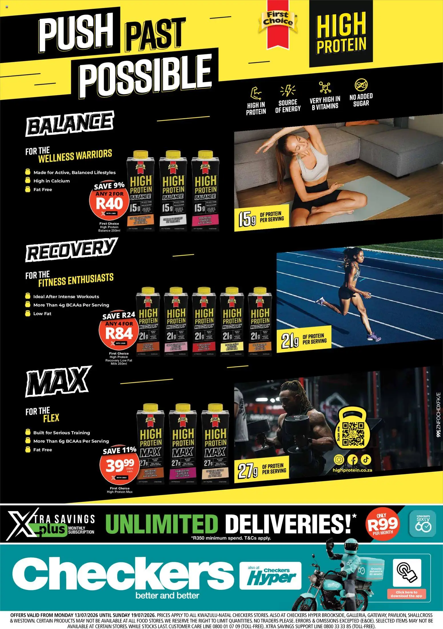 New Checkers catalogue – valid from 13/07/2026 | Page: 1 | Products: Detergente líquido, Vitamins, Milk, Sugar