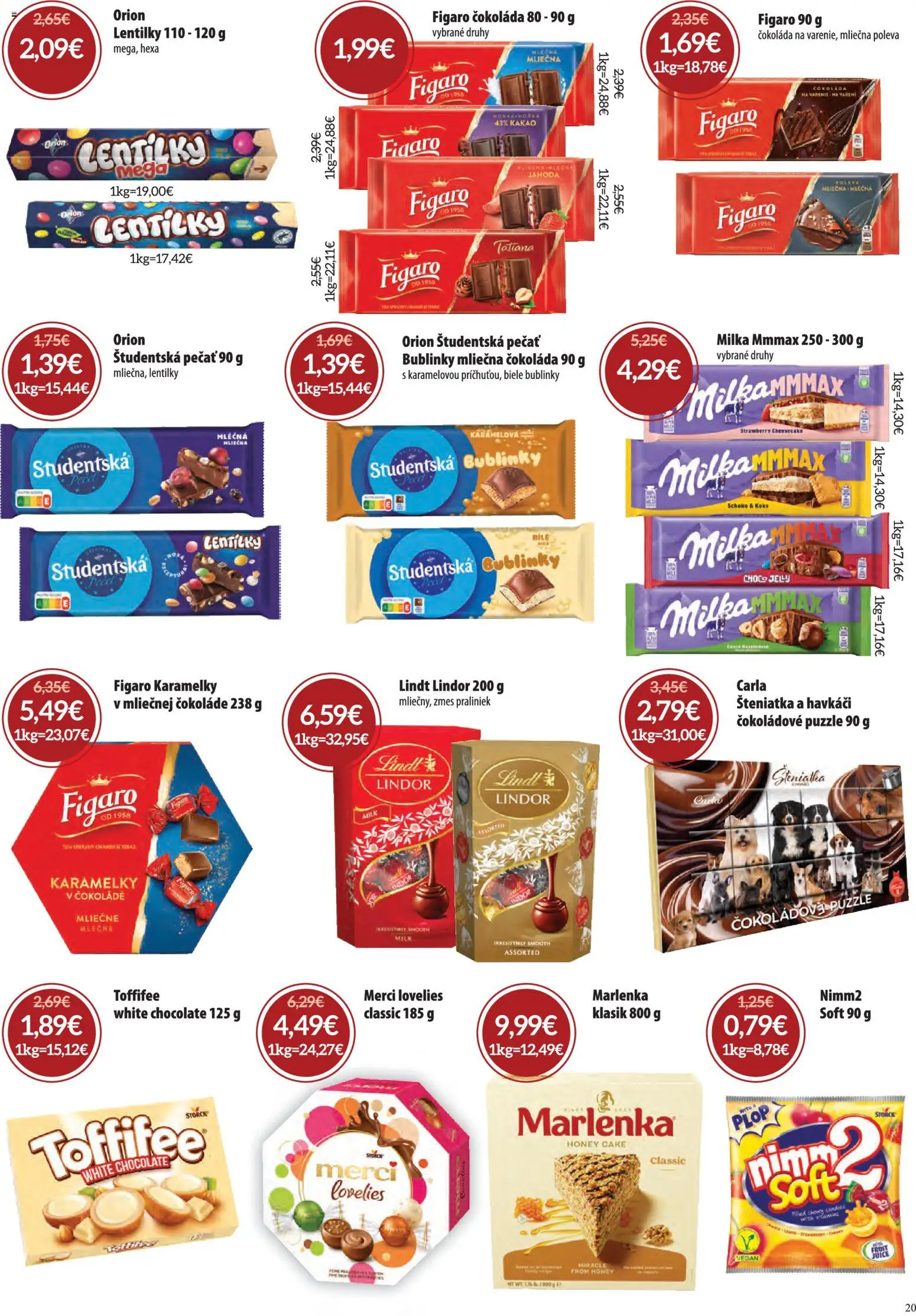 Nové Nitrazdroj akcie – leták je platný od 07.05.2026 | Strana: 20 | Produkty: Lindt, Merci, Puzzle, Študentská pečať