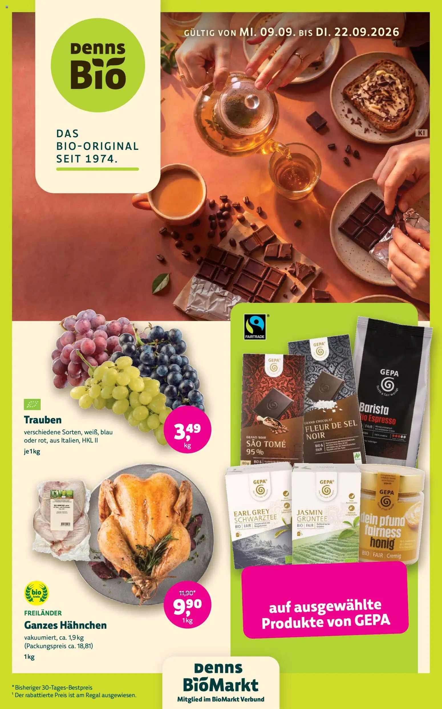 Denns BioMarkt Angebote – gültig ab 09.09.2026 | Seite: 1 | Produkte: Hahnchen, Trauben, Regal