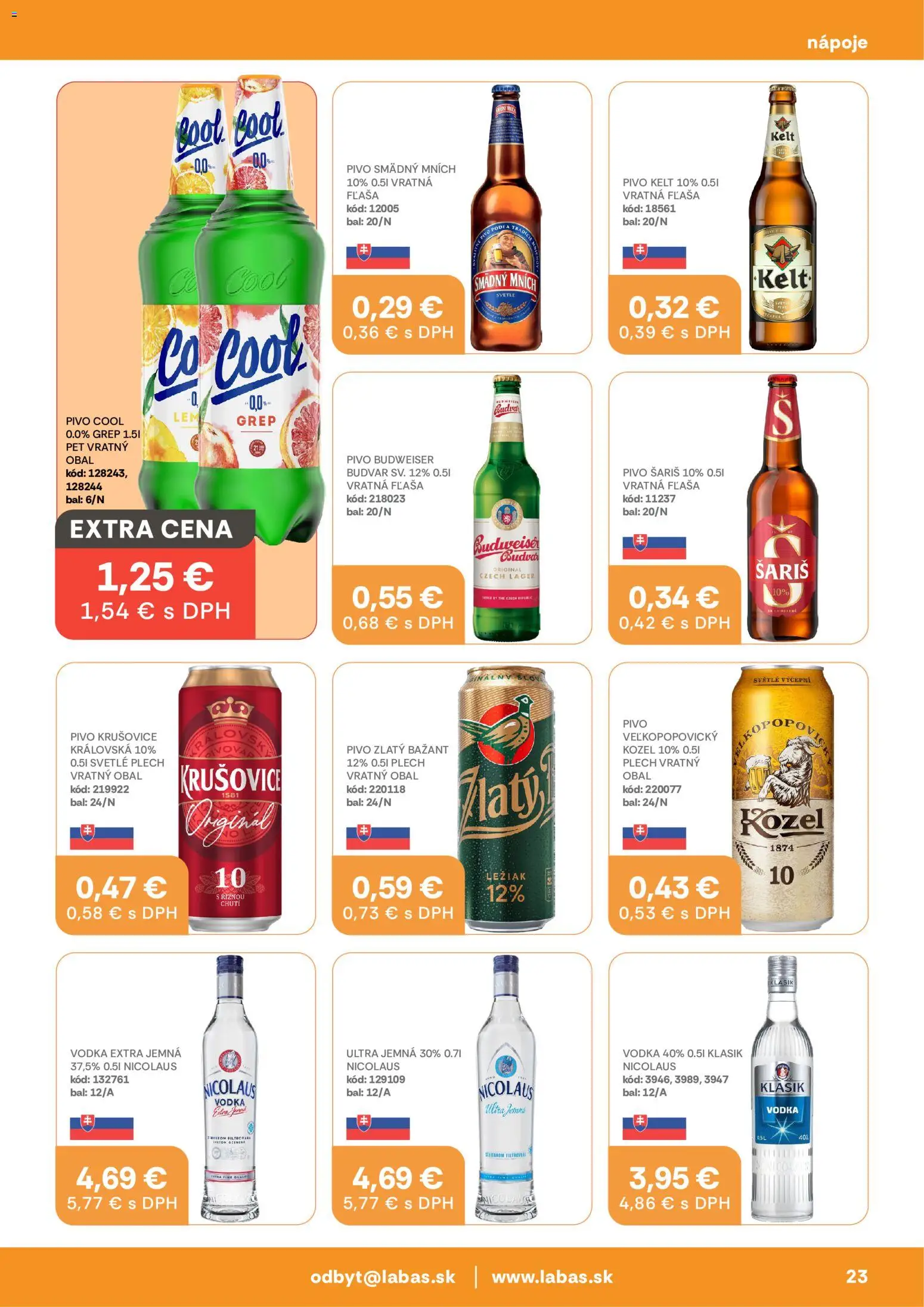 Nové Labaš akcie – leták je platný od 28.08.2026 | Strana: 23 | Produkty: Pivo, Nápoje, Budvar, Grep