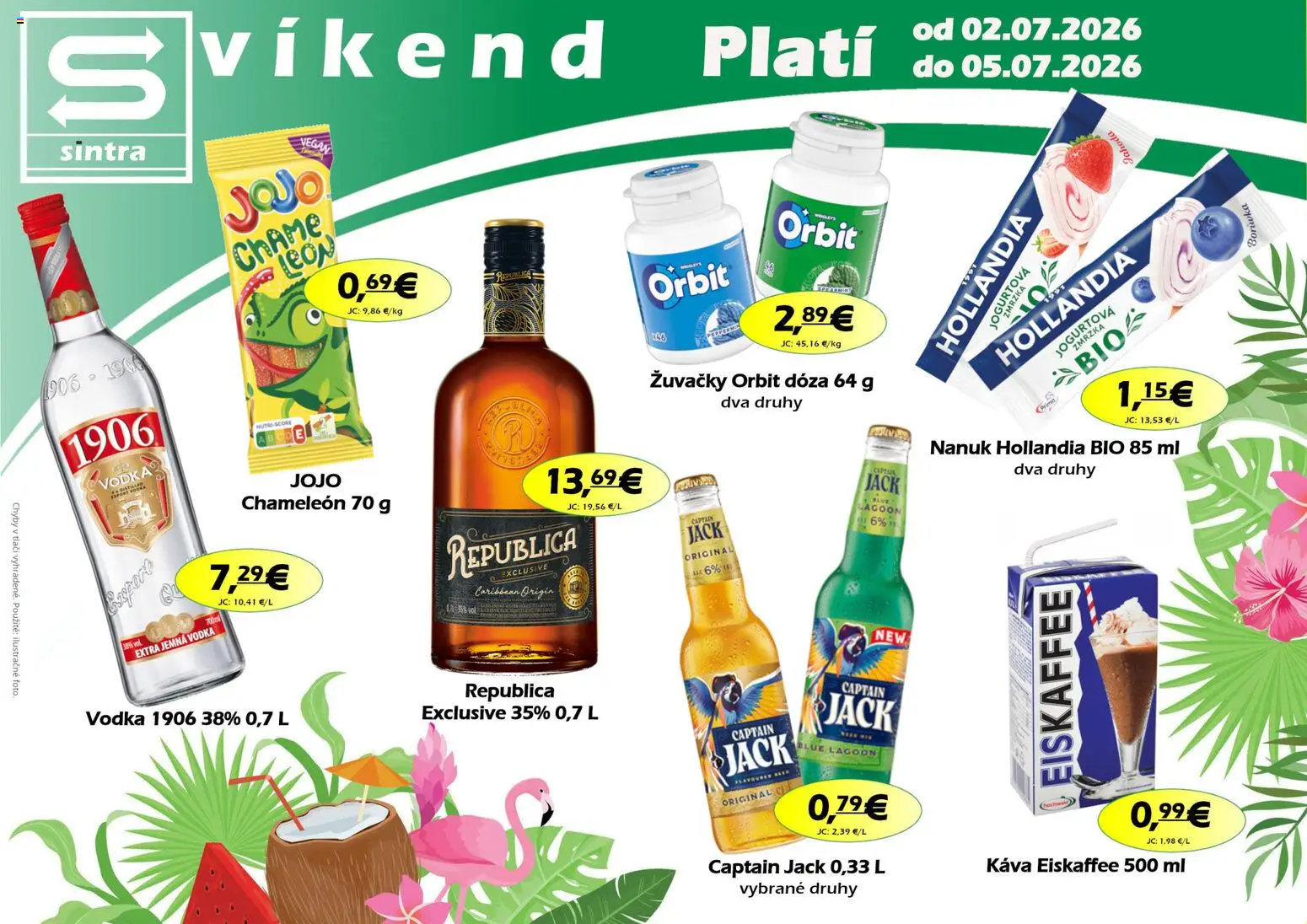 Nové Sintra akcie – leták je platný od 02.07.2026 | Strana: 1 | Produkty: Káva, Nanuk, Republica, Vodka