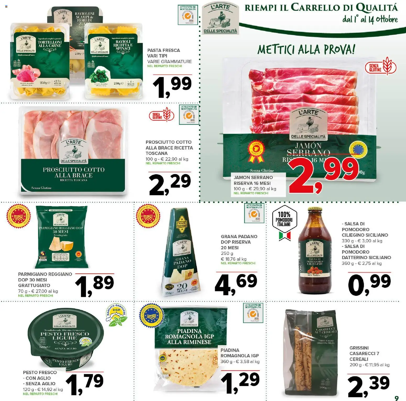 Volantino Todis del 01/10/2026 | Pagina: 9 | Prodotti: Pomodoro, Prosciutto, Pasta, Parmigiano reggiano