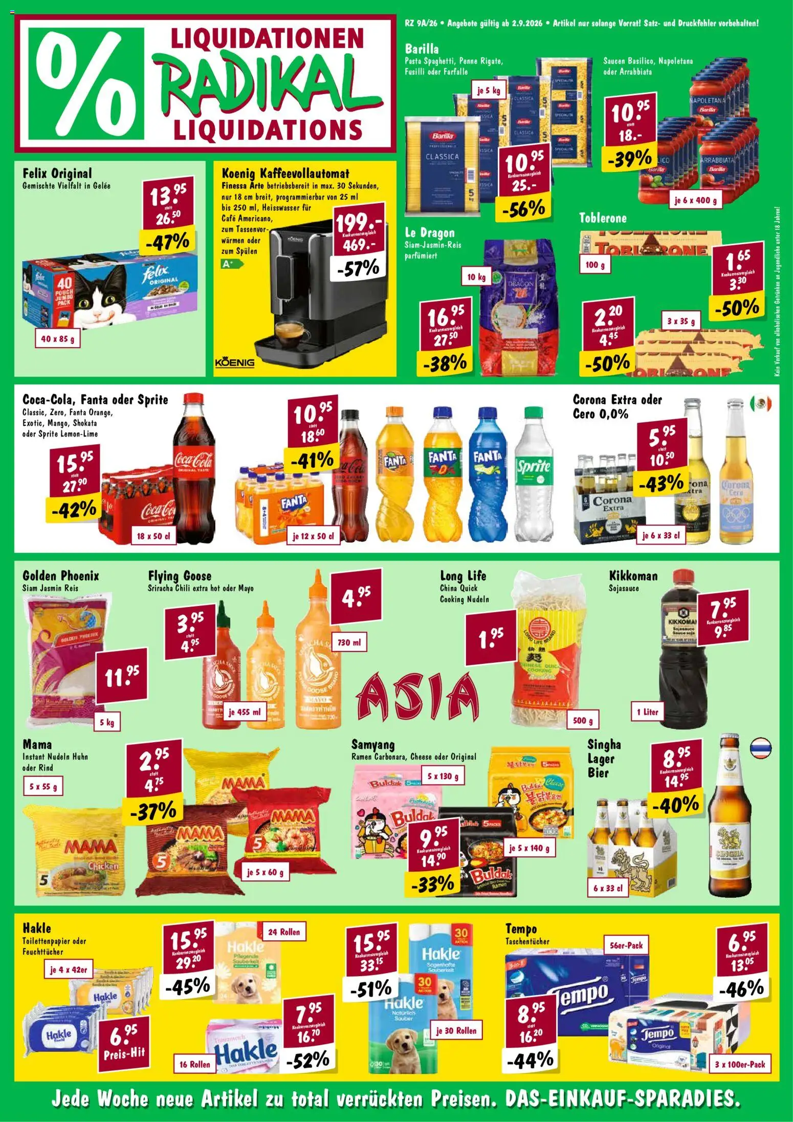 Radikal aktionen – gültig ab 02.09.2026 | Seite: 1 | Produkte: Fanta, Nudeln, Kaffeevollautomat, Toilettenpapier