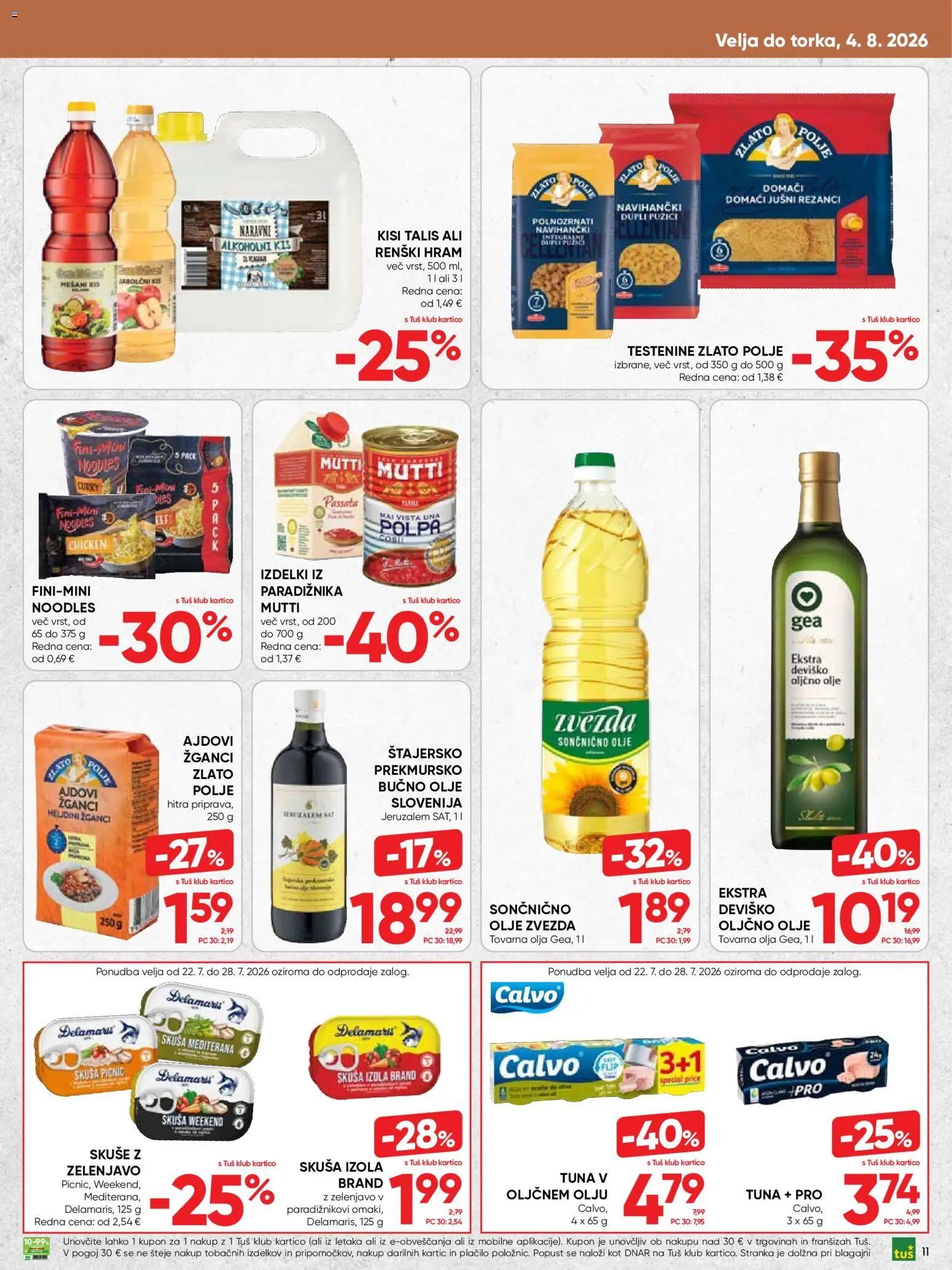 Novi Tuš katalog ponudbe – veljaven od 22.07.2026 | Stran: 11 | Izdelki: Oljčno olje, Bučno olje, Tuna, Olje
