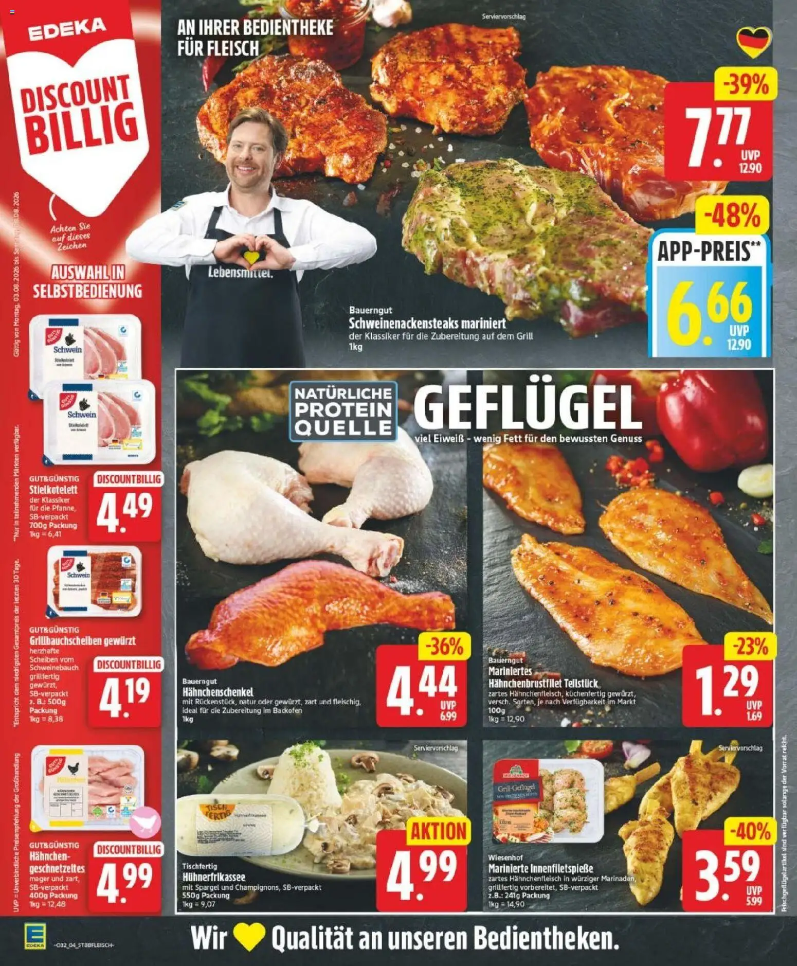Edeka Prospekt Magdeburg – gültig ab 03.08.2026 | Seite: 4 | Produkte: Hahnchenschenkel, Schweinebauch, Spargel, Fleisch