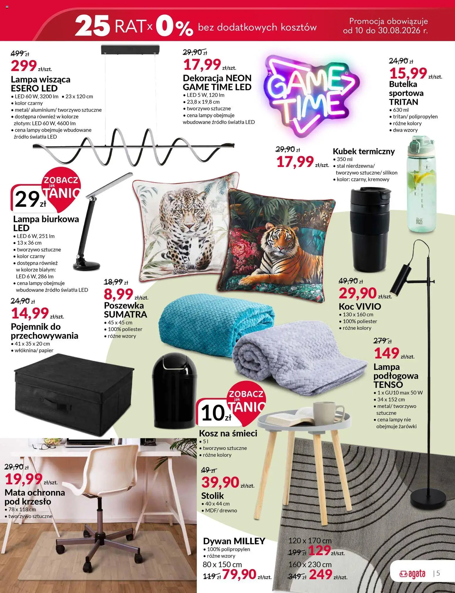 Salony Agata gazetka od 10.08.2026 | Strona: 5 | Produkty: Kosz na śmieci, Krzesło, Lampa, Żarówki