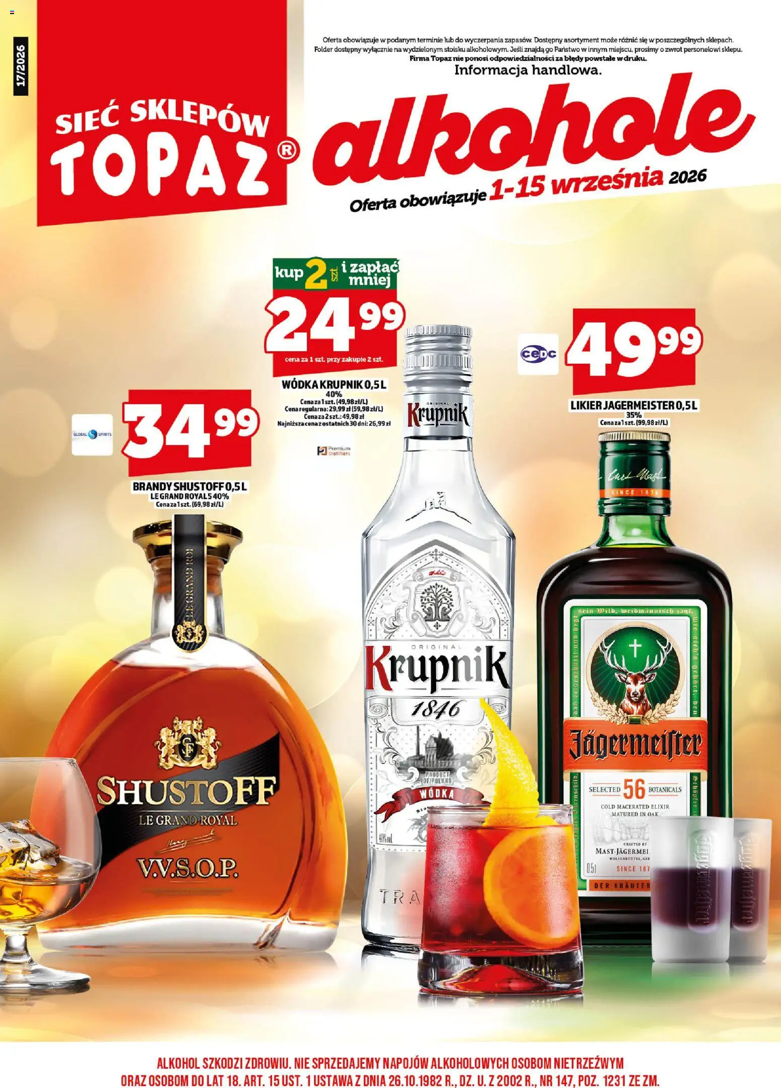 Topaz gazetka alkoholowa od 01.09.2026 | Strona: 3 | Produkty: Likier Jägermeister, Brandy, Jagermeister, Alkohol