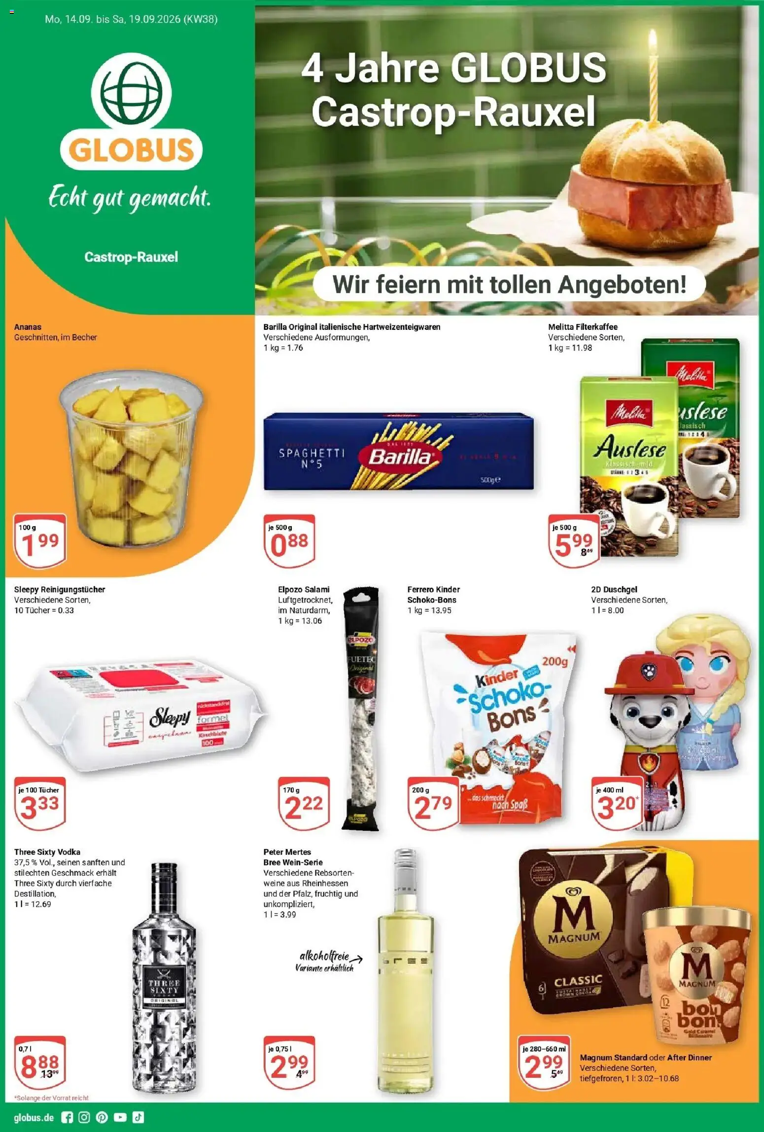Globus Prospekt Castrop-Rauxel (ab 14.09.2026) » Angebote online | Seite: 1 | Produkte: Melitta, Duschgel, Reinigungstücher, Vodka
