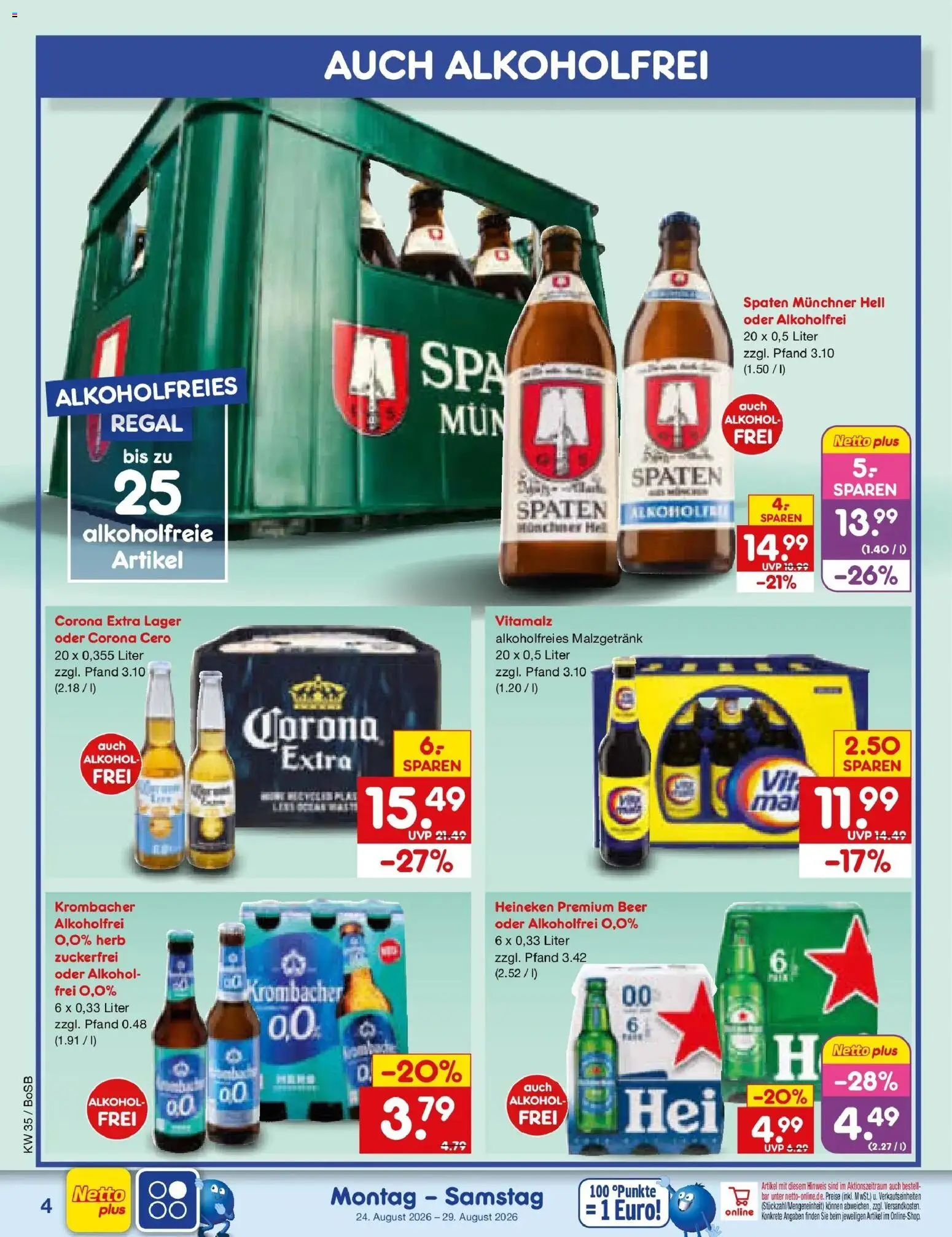 Netto Marken-Discount Prospekt Bochum – gültig ab 24.08.2026 | Seite: 4 | Produkte: Regal, Heineken, Alkohol, Krombacher