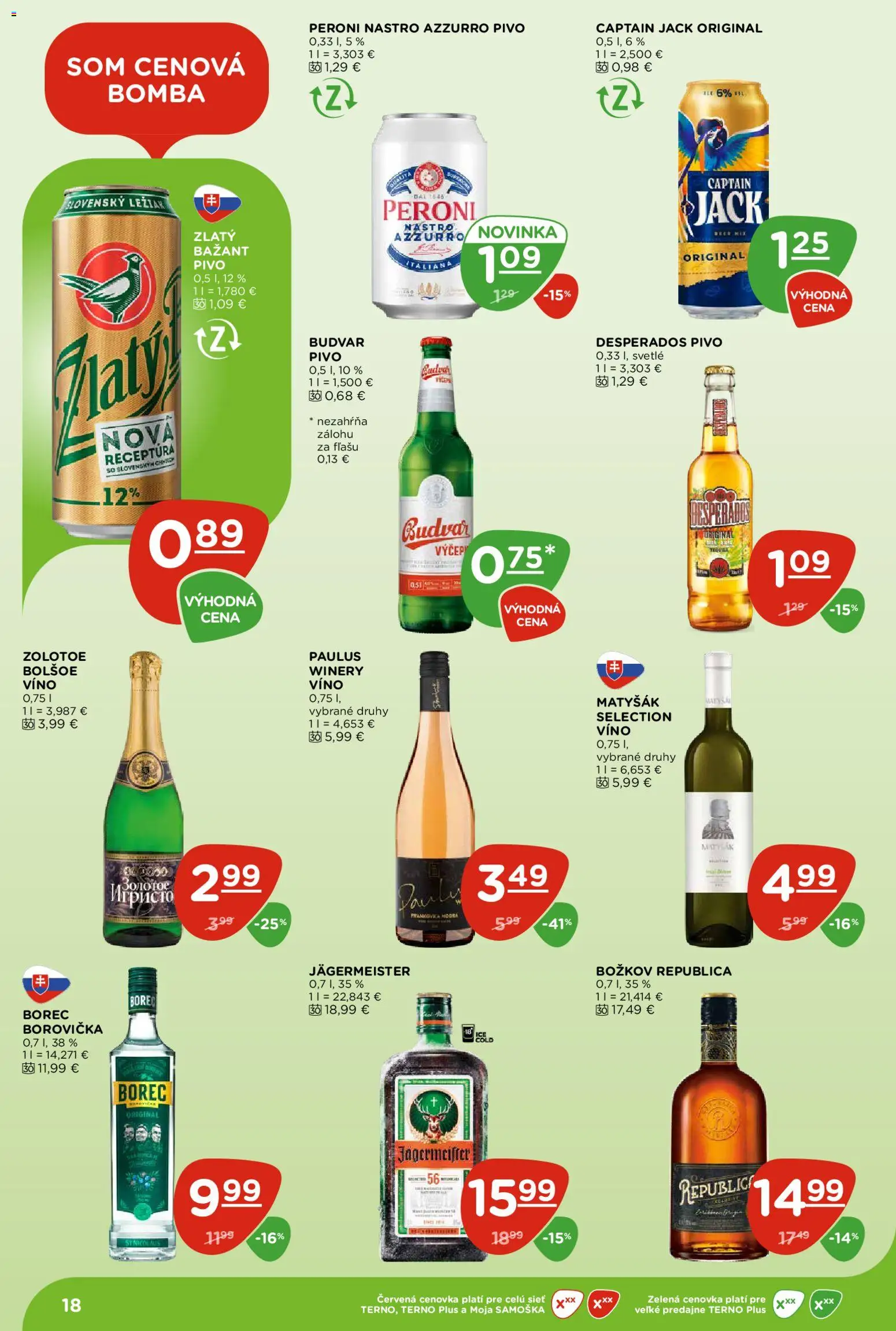Nové Terno akcie – leták je platný od 11.06.2026 | Strana: 18 | Produkty: Jägermeister, Víno, Borovička, Republica
