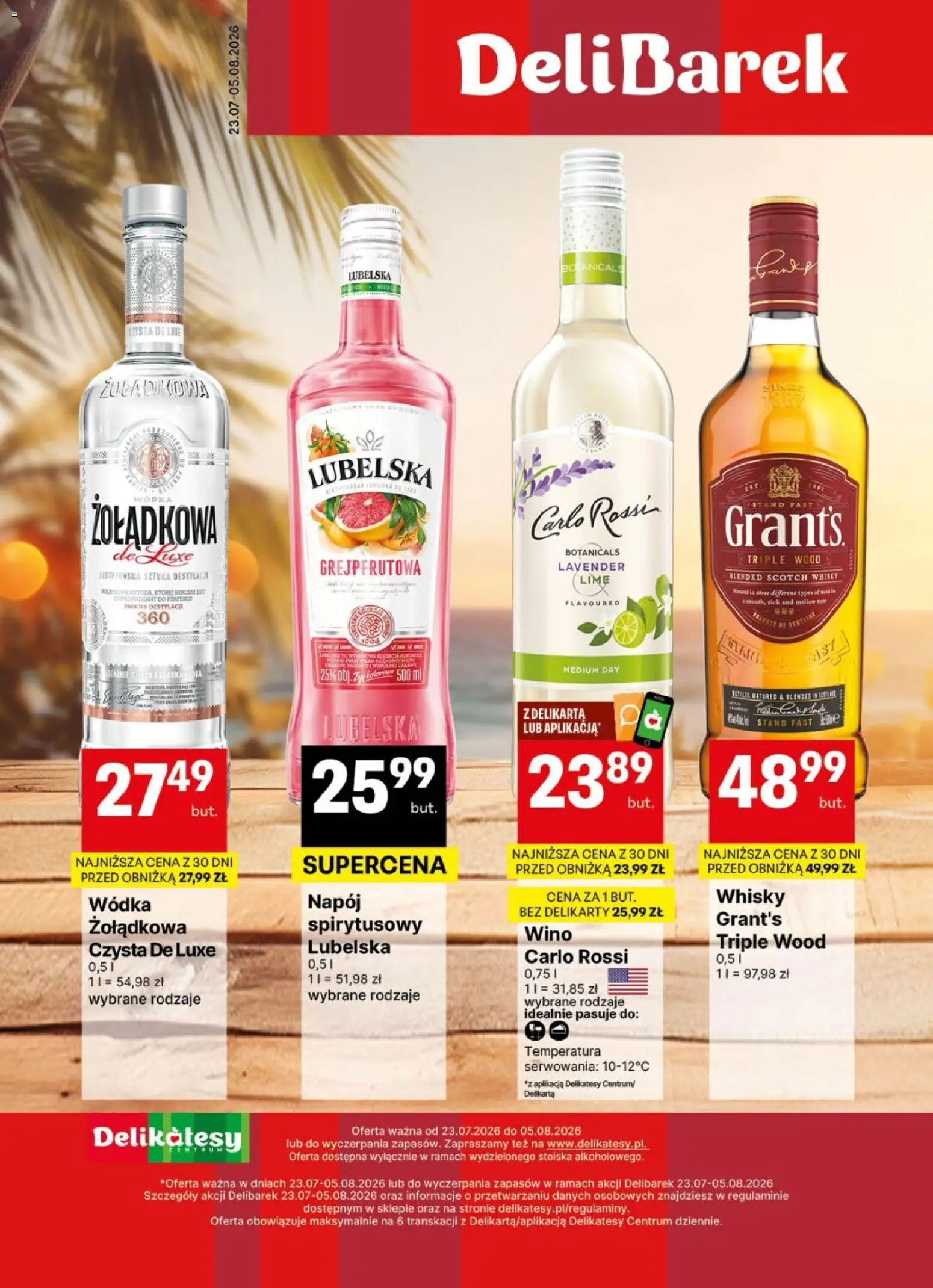 Delikatesy Centrum gazetka - DeliBarek od 23.07.2026 | Strona: 1 | Produkty: Wino, Wódka, Whisky, Carlo Rossi