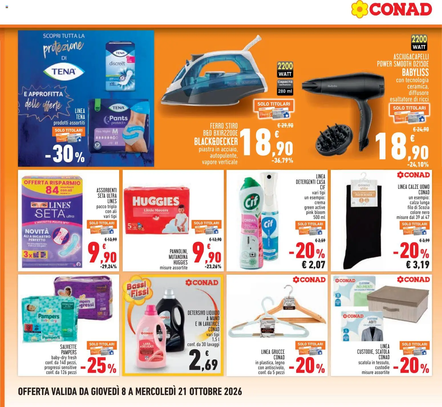 Volantino Conad del 08/10/2026 | Pagina: 16 | Prodotti: Pannolini, Detergente, Scatola, Grucce