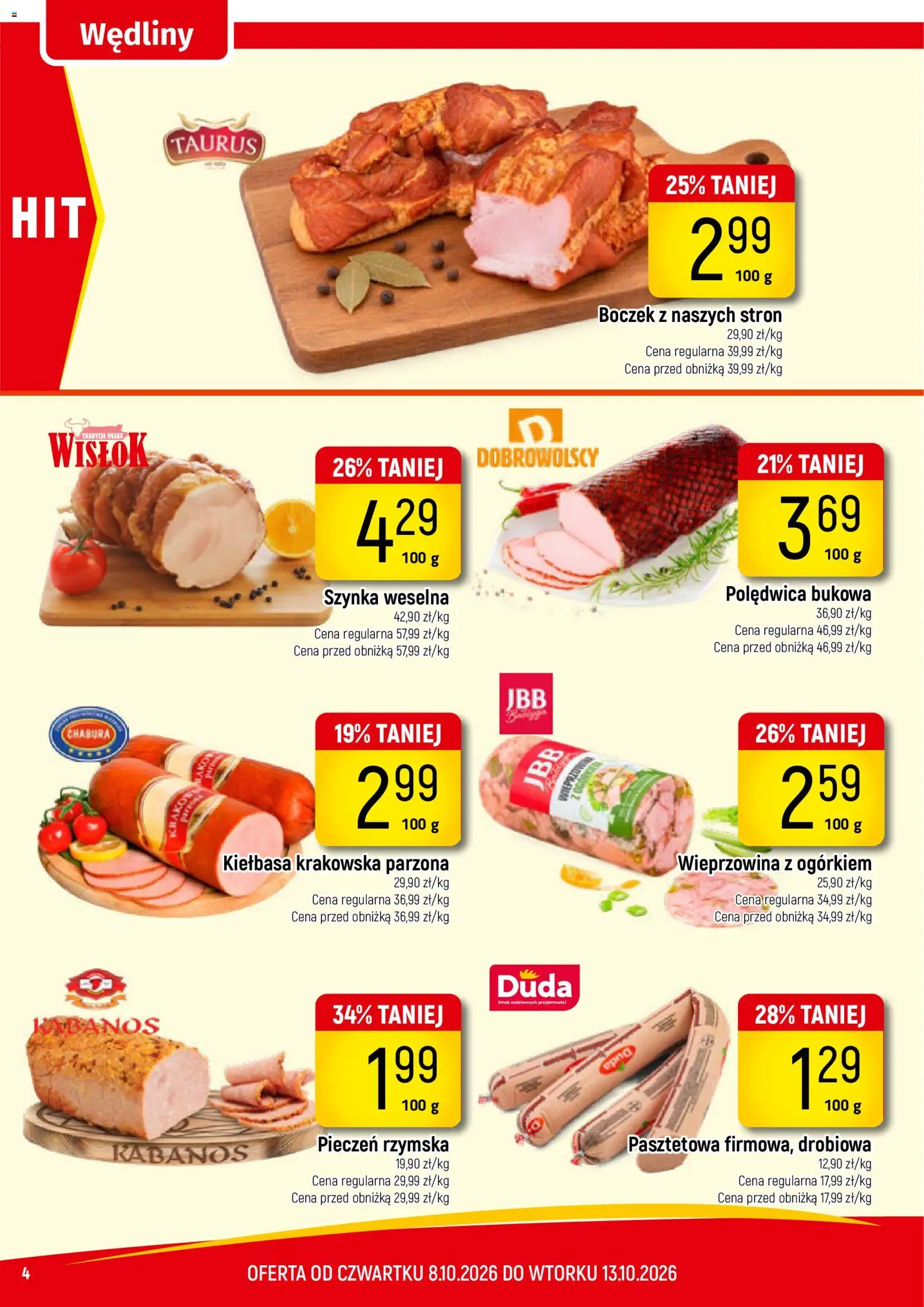 Piotruś Pan gazetka od 10.10.2026 | Strona: 4 | Produkty: Szynka, Kabanos, Boczek, Wieprzowina