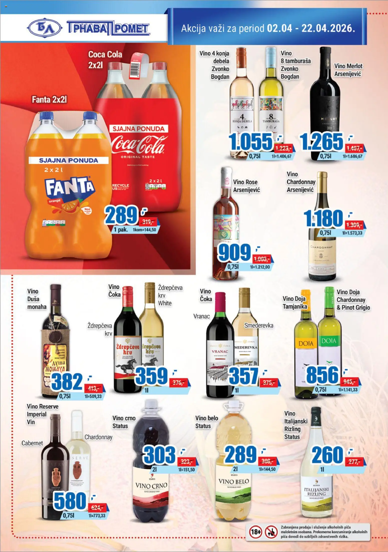 Trnava Promet katalog - važi od 02.04.2026 | Strana: 20 | Proizvode: Coca Cola, Vranac, Pinot grigio, Vino