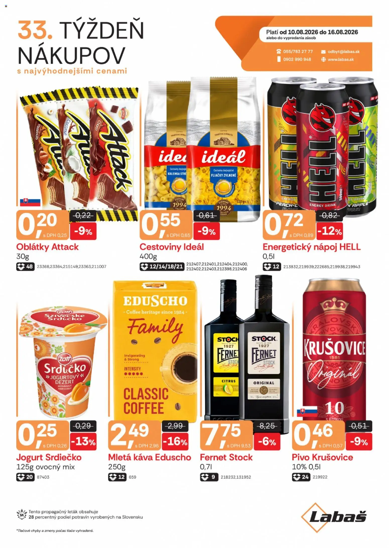 Nové Labaš akcie – leták je platný od 10.08.2026 | Strana: 1 | Produkty: Jogurt, Káva, Apple, Fernet Stock