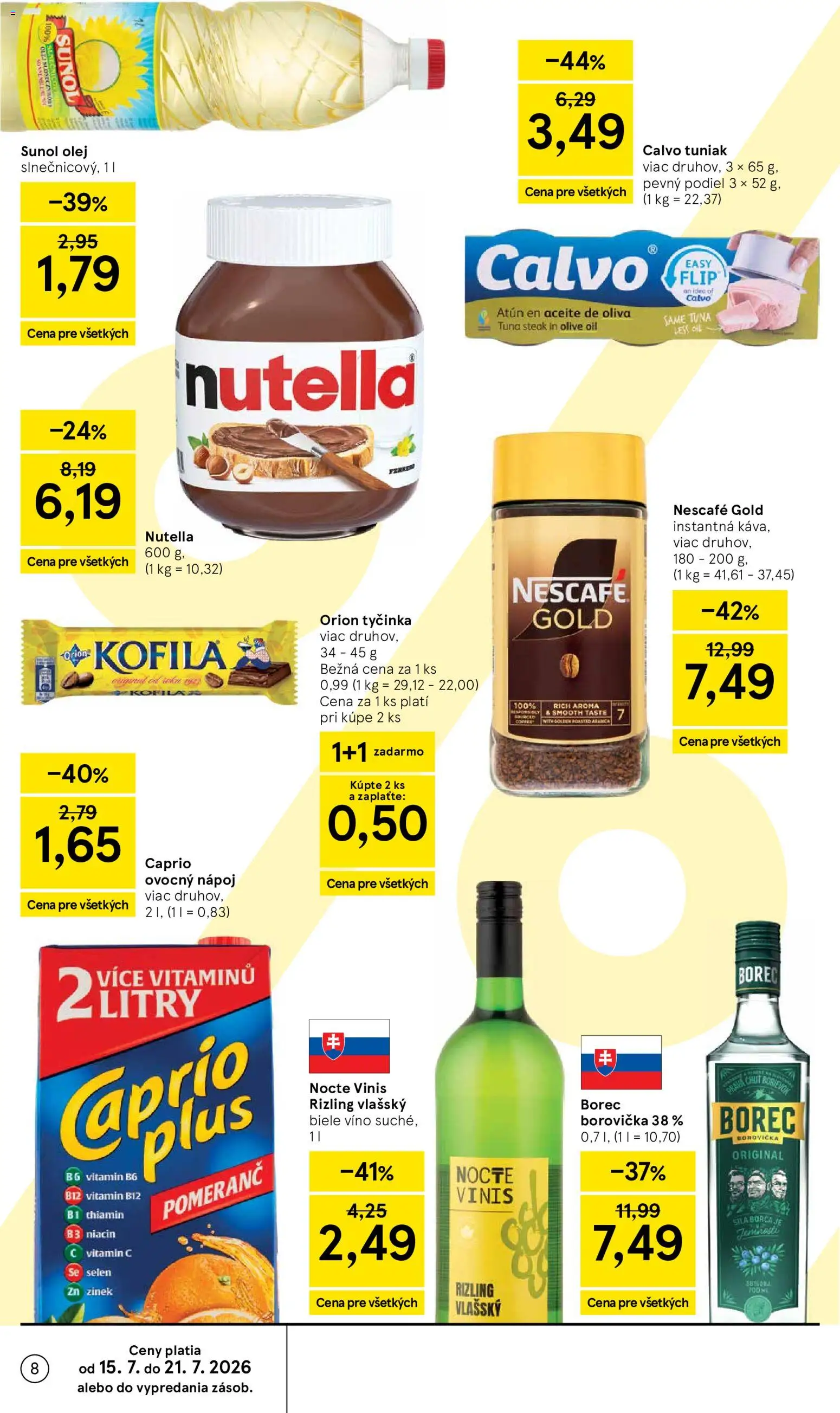 Nové Tesco akcie – leták je platný od 15.07.2026 | Strana: 8 | Produkty: Olej, Tuniak, Biele víno, Nescafé Gold