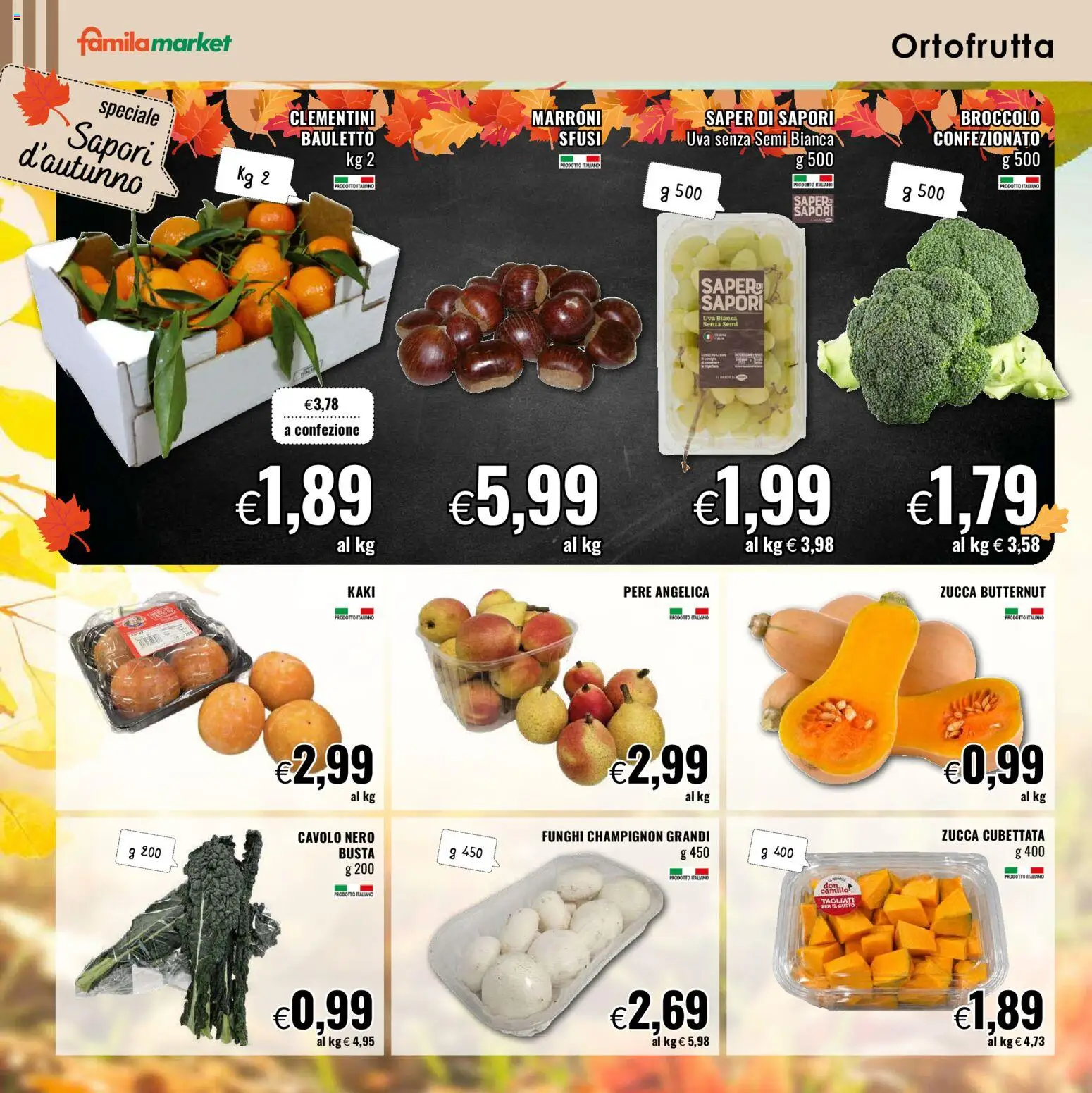 Volantino Famila del 29/10/2026 | Pagina: 12 | Prodotti: Uva senza semi, Funghi, Uva, Zucca butternut