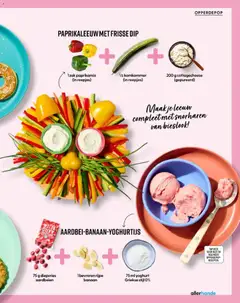 PAPRIKALEEUW MET FRISSE DIP, Paprikaleeuw met frisse dip ingredients: 1 zak paprikamix (in reepjes), 1/2 komkommer (in reepjes), 200 g cottagecheese (gepureerd). - Voorbeeld van een folder van Albert Heijn, geldig van 29-05-2026 | Pagina: 59 | Producten: Komkommer, Yoghurt, Dip, Banaan