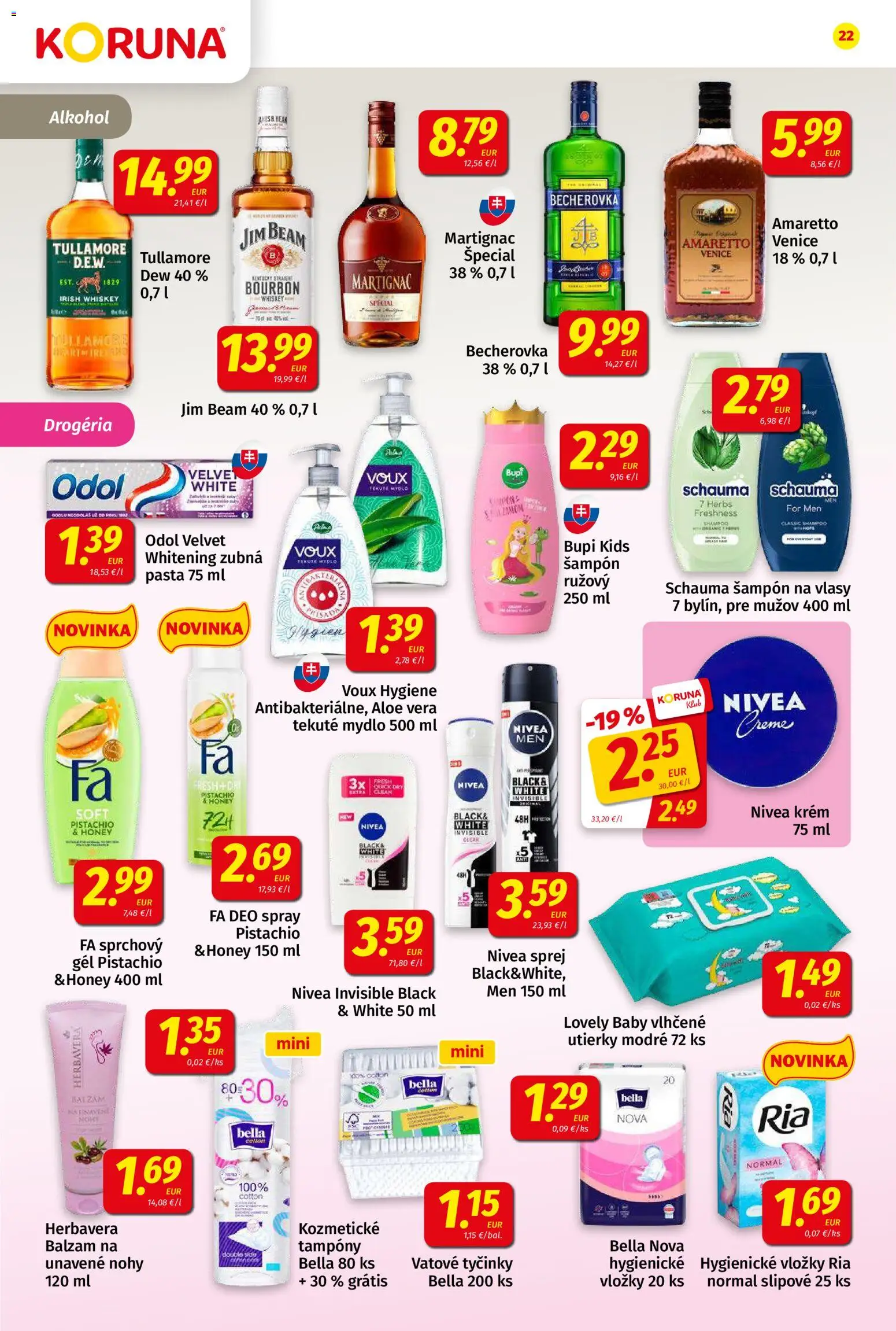 Nové Koruna akcie – leták je platný od 14.08.2026 | Strana: 22 | Produkty: Becherovka, Aloe Vera, Jim Beam, Šampón