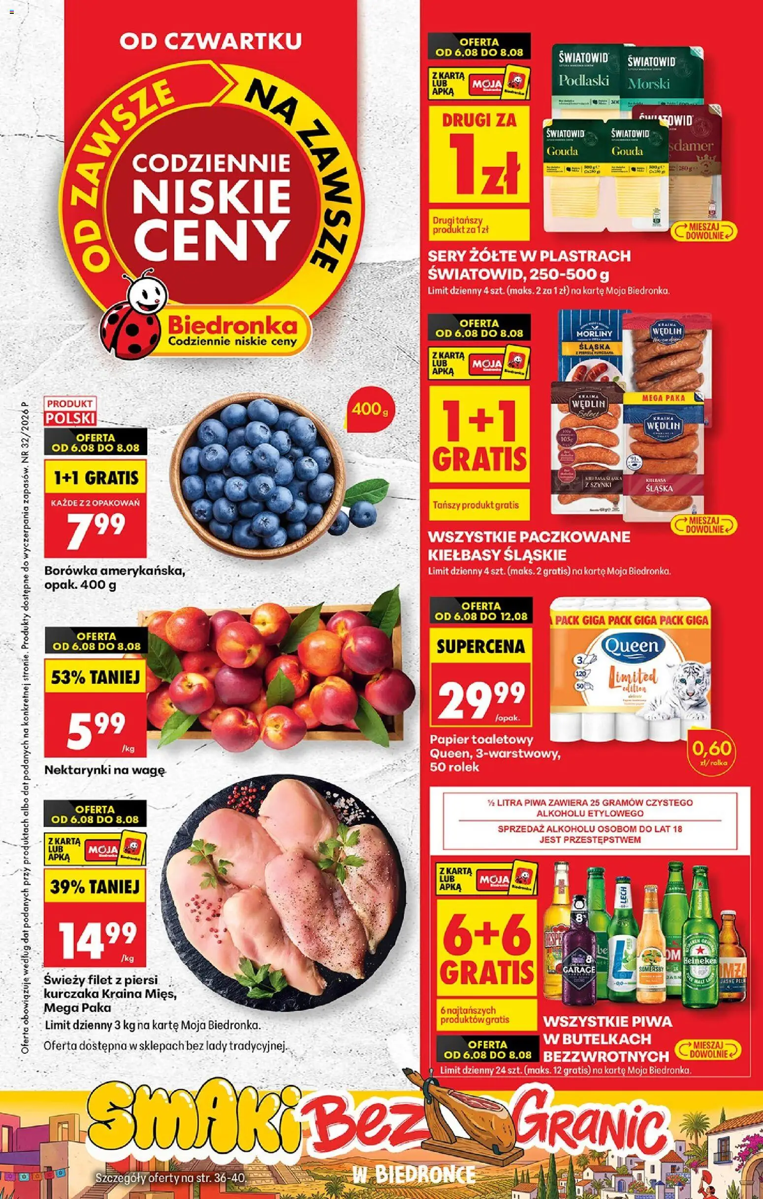 Biedronka gazetka od czwartku od 06.08.2026 | Strona: 1 | Produkty: Kiełbasa, Papier toaletowy, Kiełbasa śląska, Somersby