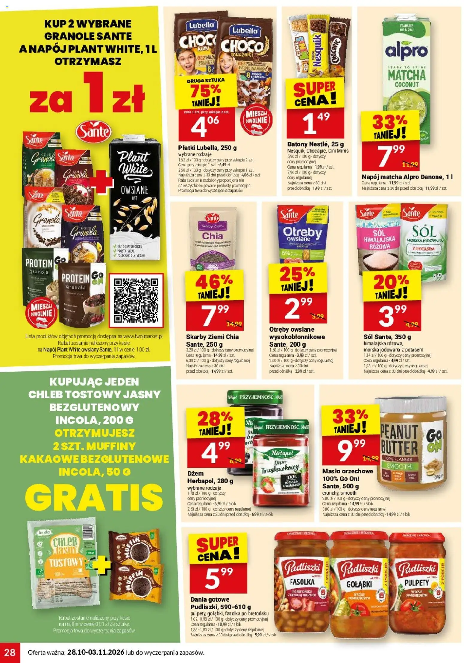 Twój Market gazetka od 28.10.2026 | Strona: 28 | Produkty: Dżem truskawkowy, Chleb tostowy, Granola Sante, Muffiny