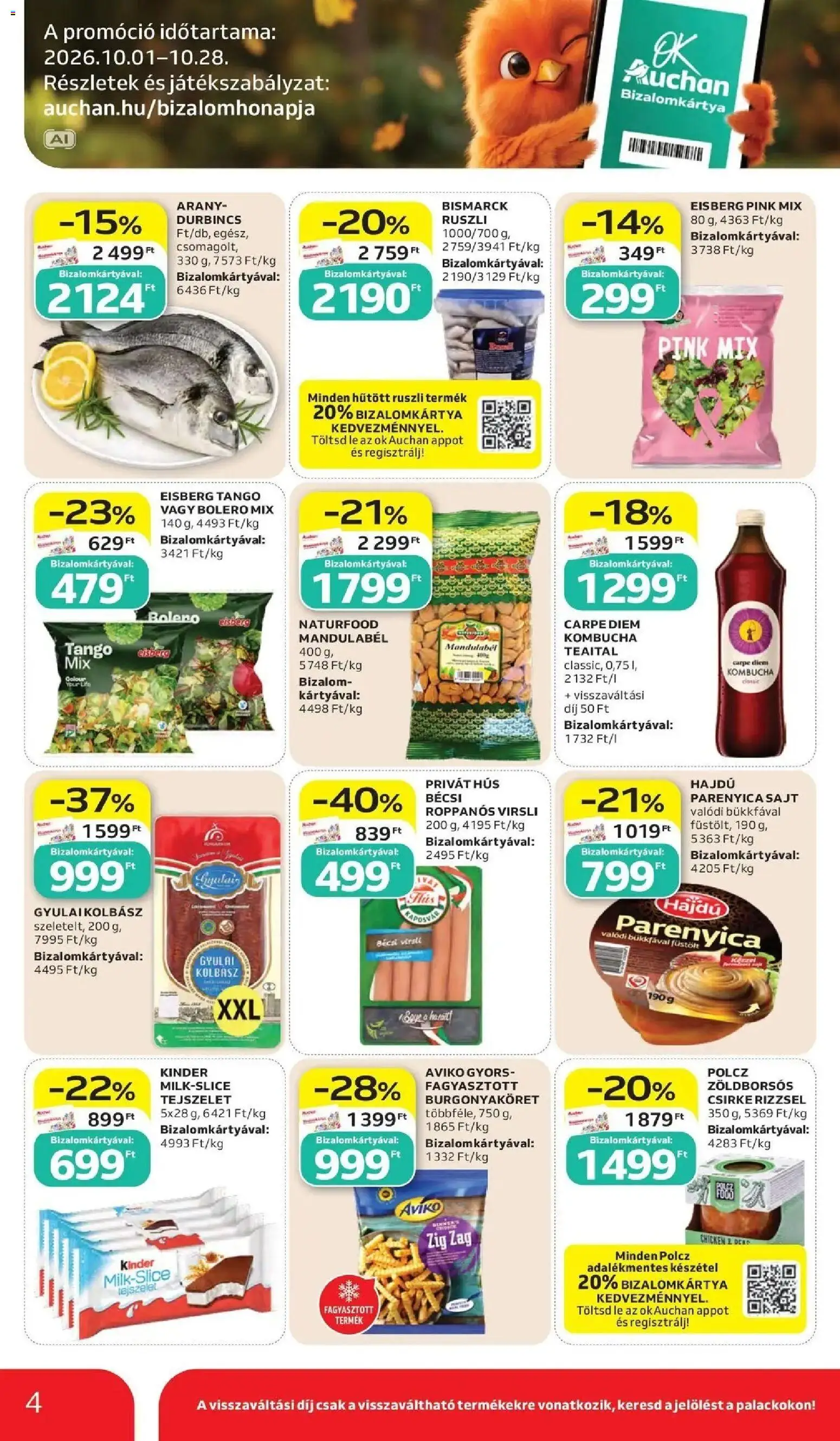 Auchan akciós újság Szolnok - 2026.10.15. -tól/töl > akció, lapozható szórólap 🛍️ | Oldal: 4 | Termékek: Virsli, Ruszli, Parenyica, Kinder