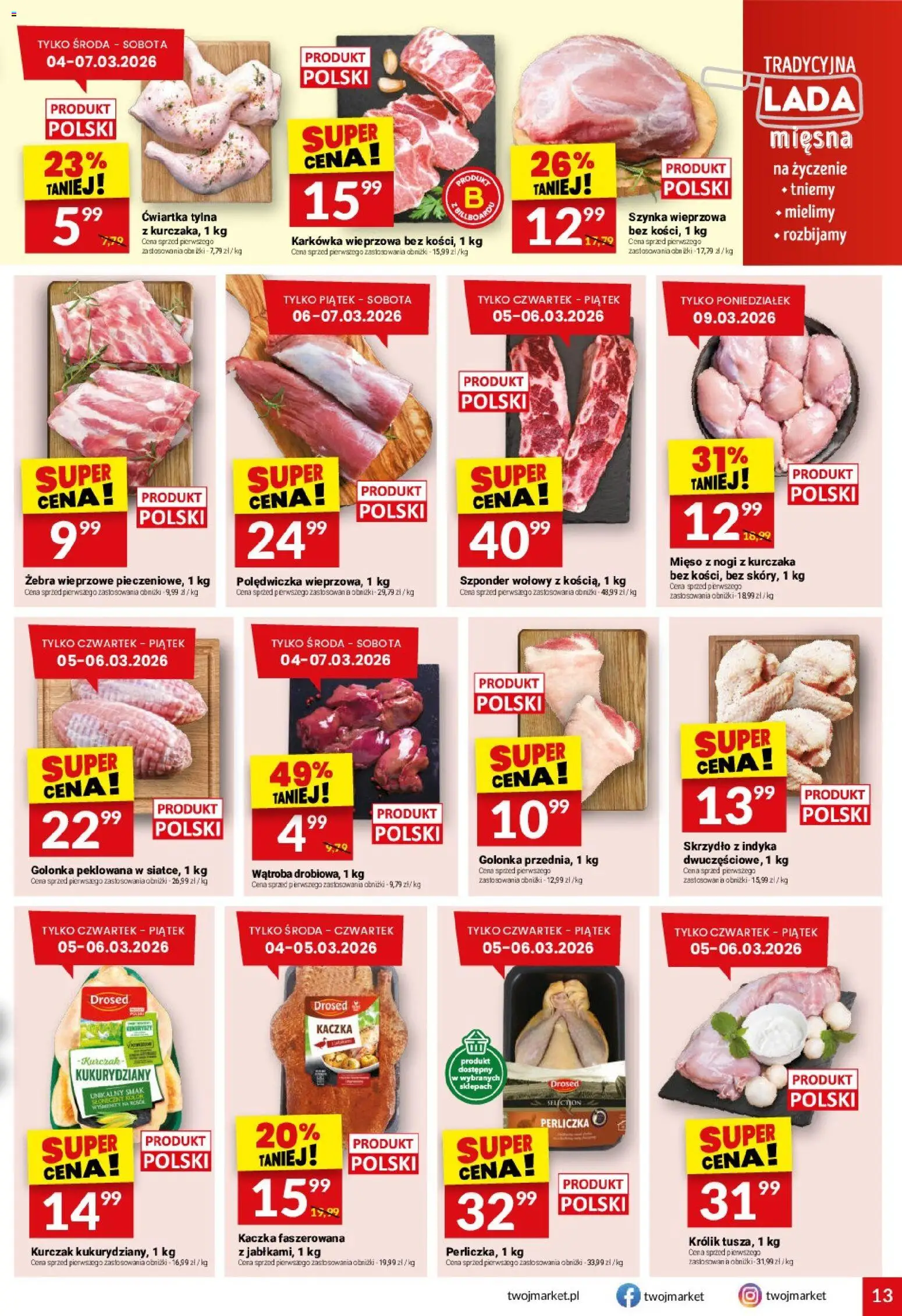 Twój Market gazetka od 04.03.2026 | Strona: 13 | Produkty: Karkówka, Szynka wieprzowa, Szynka, Perliczka