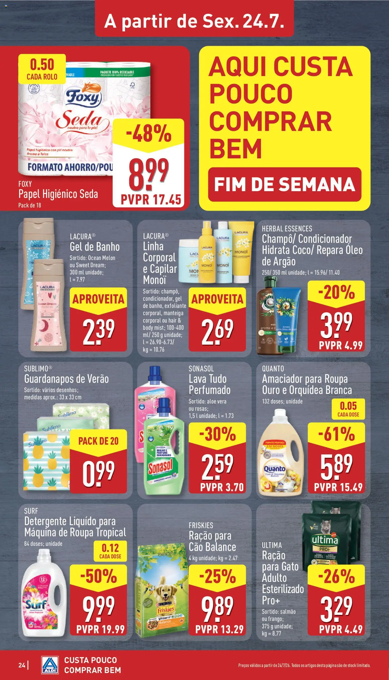 Aldi folheto │ válido de 20/07/2026 | Página: 24 | Produtos: Ração, Guardanapos, Aloe Vera, Manteiga