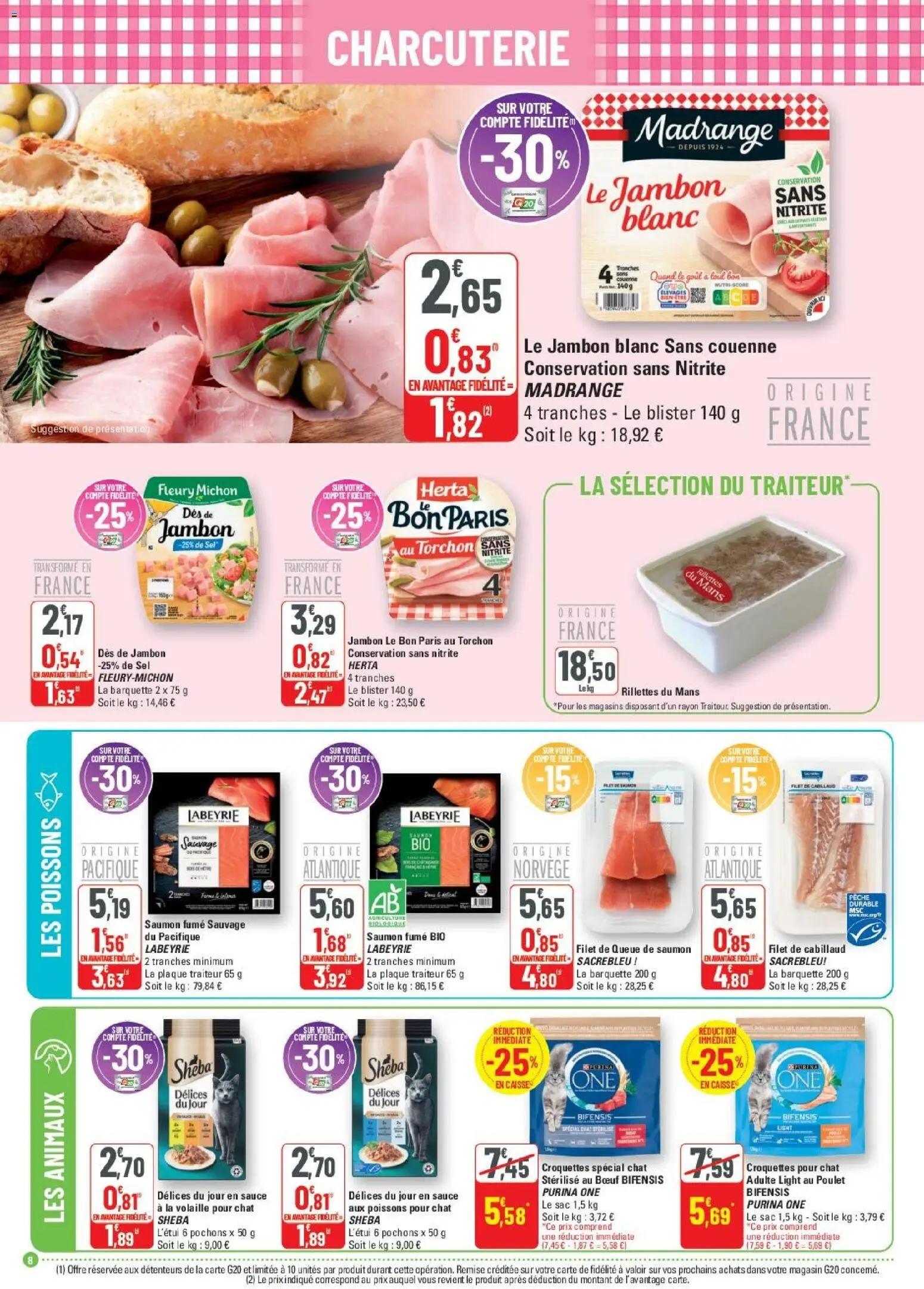 {H1} | Page: 8 | Produits: Volaille, Saumon fumé, Jambon, Croquettes pour chat