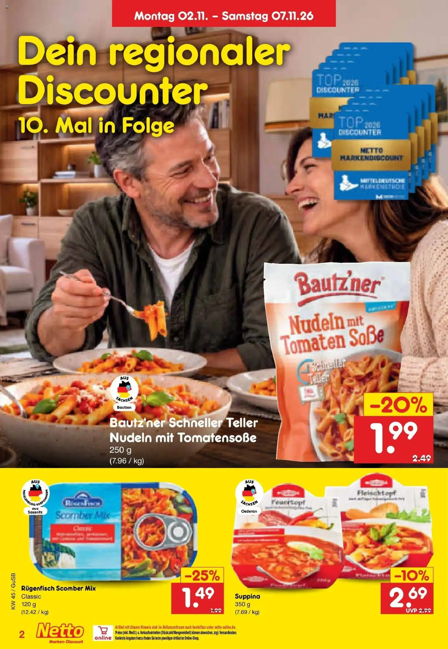 Netto Marken-Discount Prospekt Machern (ab 02.11.2026) » Angebote | Seite: 2 | Produkte: Top, Tomaten, Soße, Nudeln
