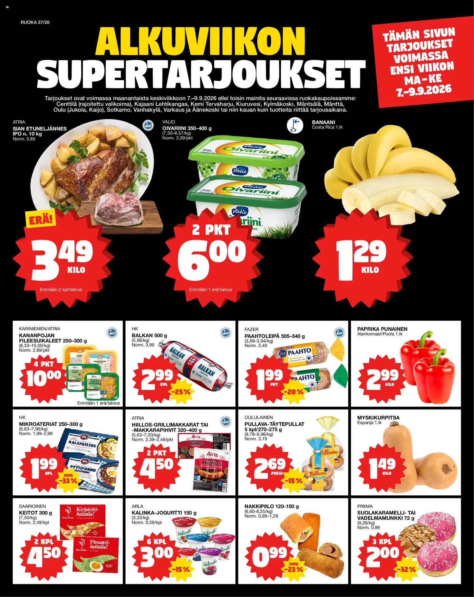 Tokmanni - Ruokasanomat – voimassa 07/09/2026 alkaen | Sivu: 1 | Tuotteet: Kirjolohi, Paahtoleipä, Paprika, Pinaatti