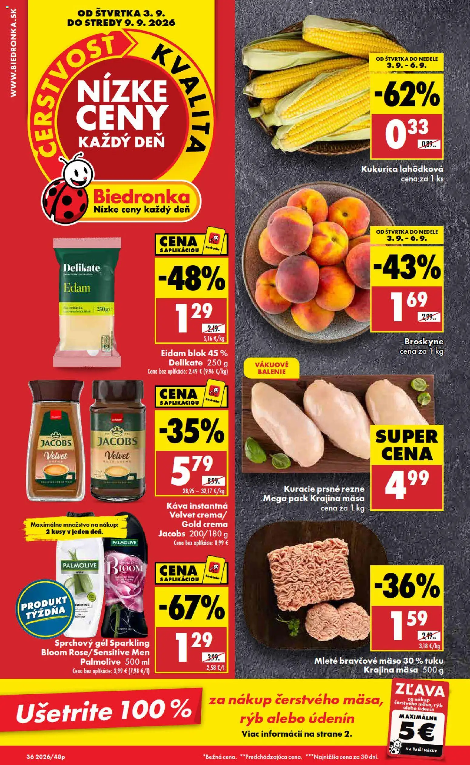 Nové Biedronka akcie – leták je platný od 03.09.2026 | Strana: 1 | Produkty: Jacobs Velvet, Eidam, Kuracie prsné rezne, Broskyne