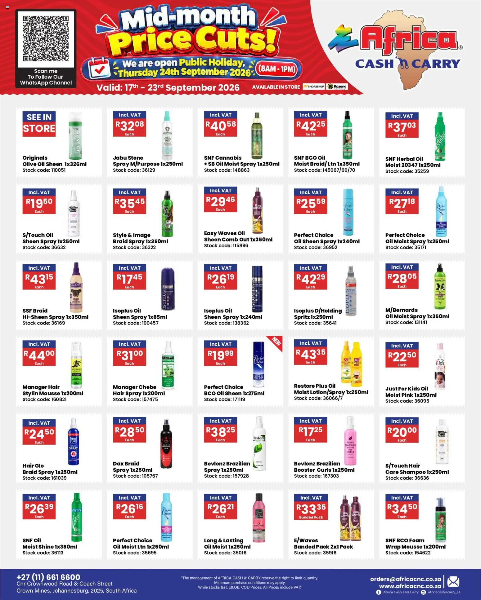 New Africa Cash & Carry catalogue – valid from 17/09/2026 | Page: 1 | Products: Lids, Oil, Hair spray, Foam