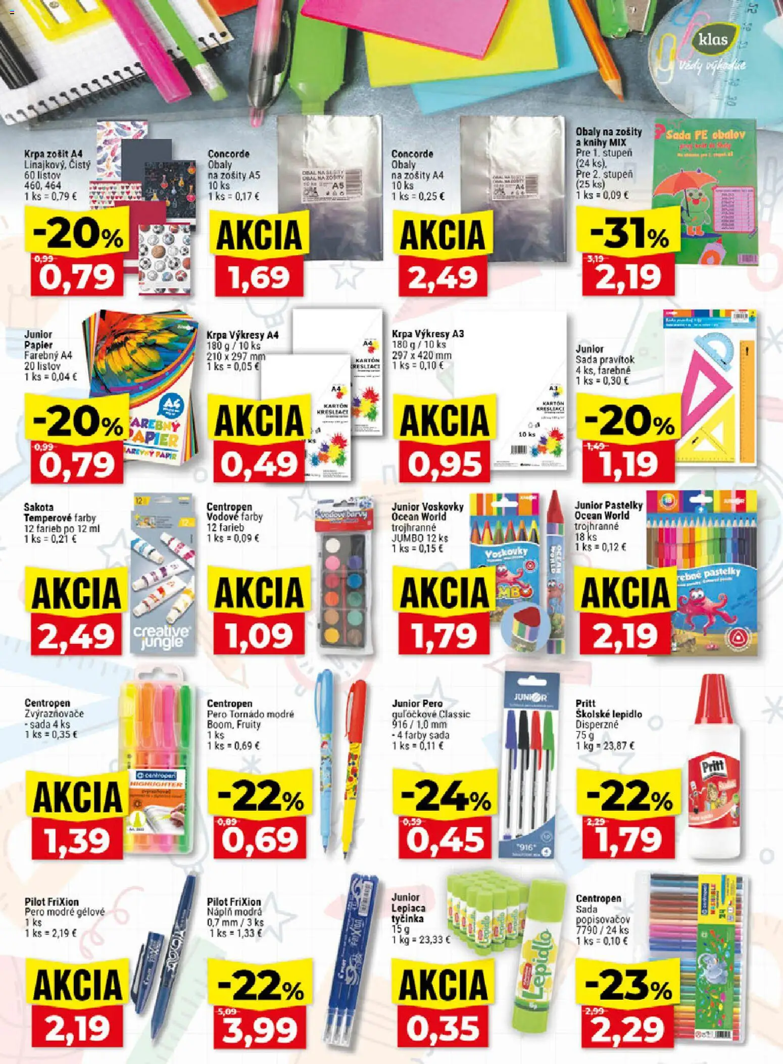 Nové Klas akcie – leták je platný od 24.08.2026 | Strana: 18 | Produkty: Zošity, Zošit, Pastelky, Knihy