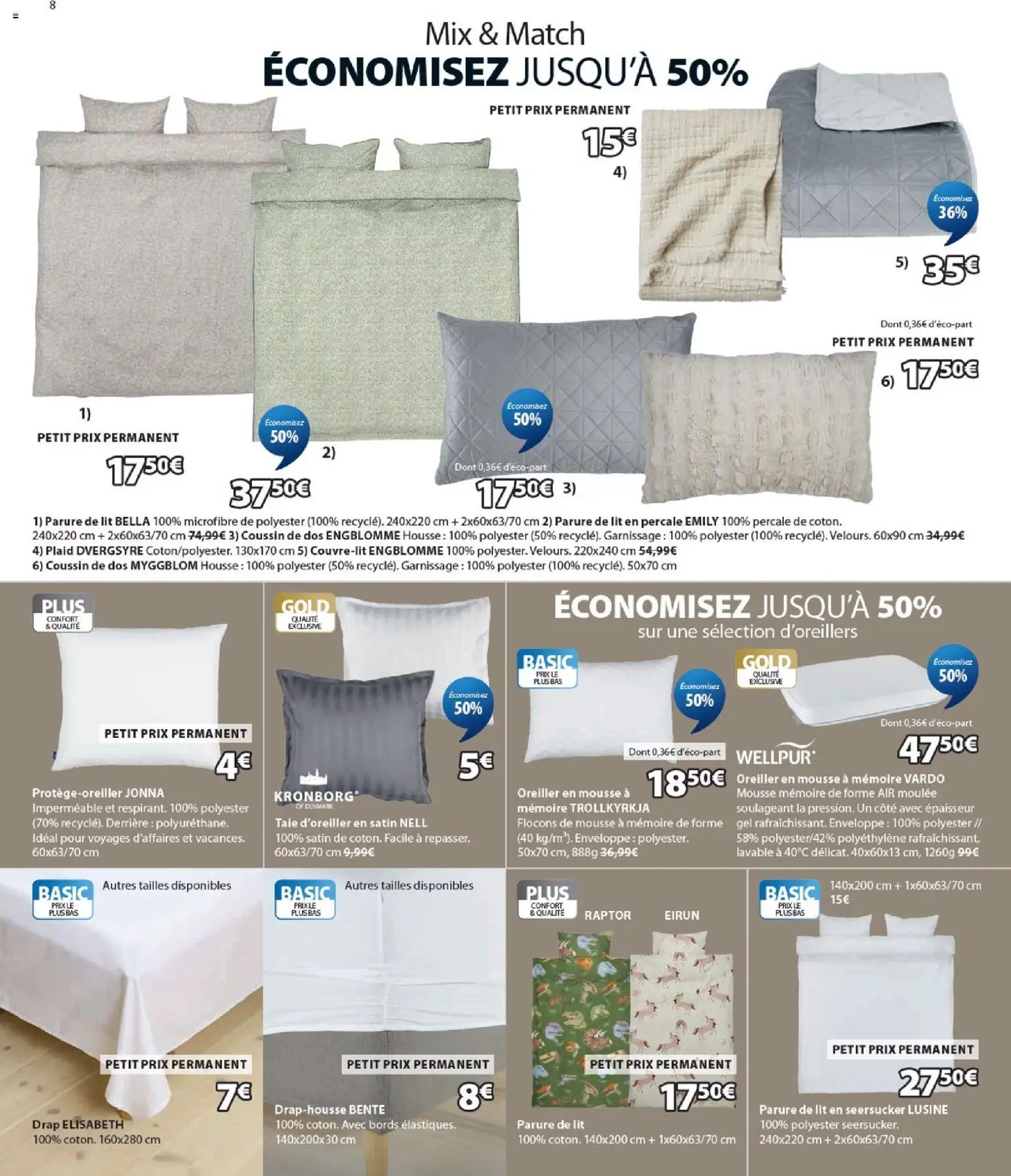 {H1} | Page: 8 | Produits: Taie d'oreiller, Mousse, Lit, Oreiller