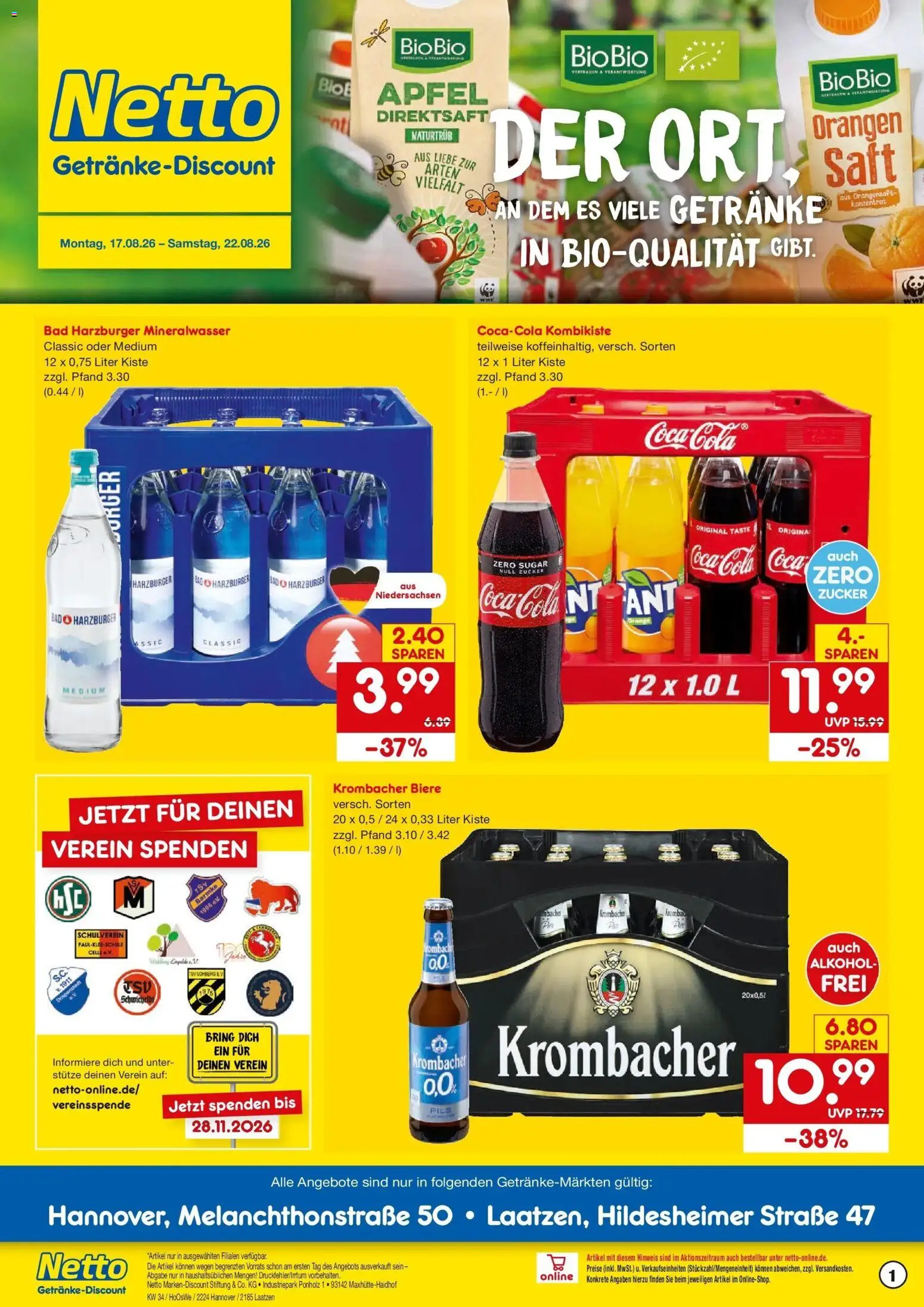 Netto Marken-Discount Prospekt Hannover – gültig ab 17.08.2026 | Seite: 1 | Produkte: Bad, Äpfel, Alkohol, Krombacher