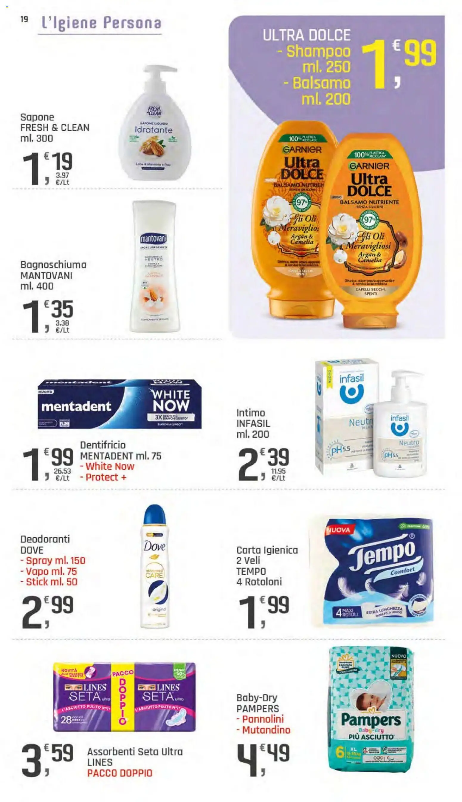 Volantino DOK del 06/08/2026 | Pagina: 19 | Prodotti: Pannolini, Sapone, Intimo, Pampers