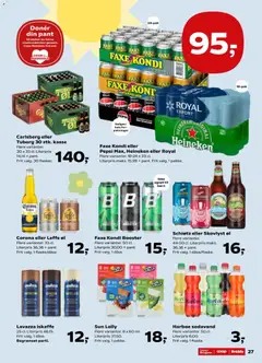 Faxe Kondi eller Pepsi Max, Heineken eller Royal, Fler varianter. 18-24 x 33 cl. Literpris maks. 15,99 + pant. Frit valg. 1 pakke. gyldig fra 02/07/2026 | Side: 31 | Produkter: Øl, Sodavand, Cola, Pepsi