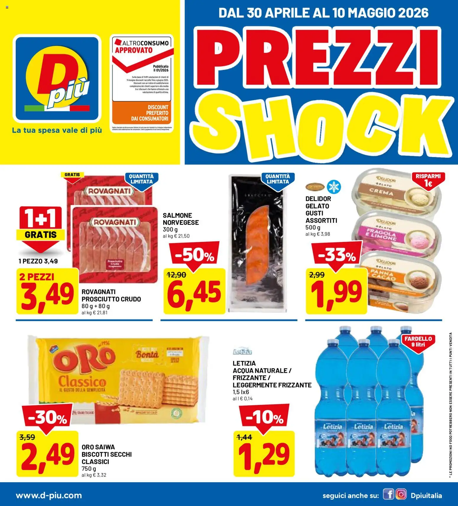 Volantino D Più del 30.04.2026 | Pagina: 1 | Prodotti: Biscotti, Gelato, Limone, Cacao