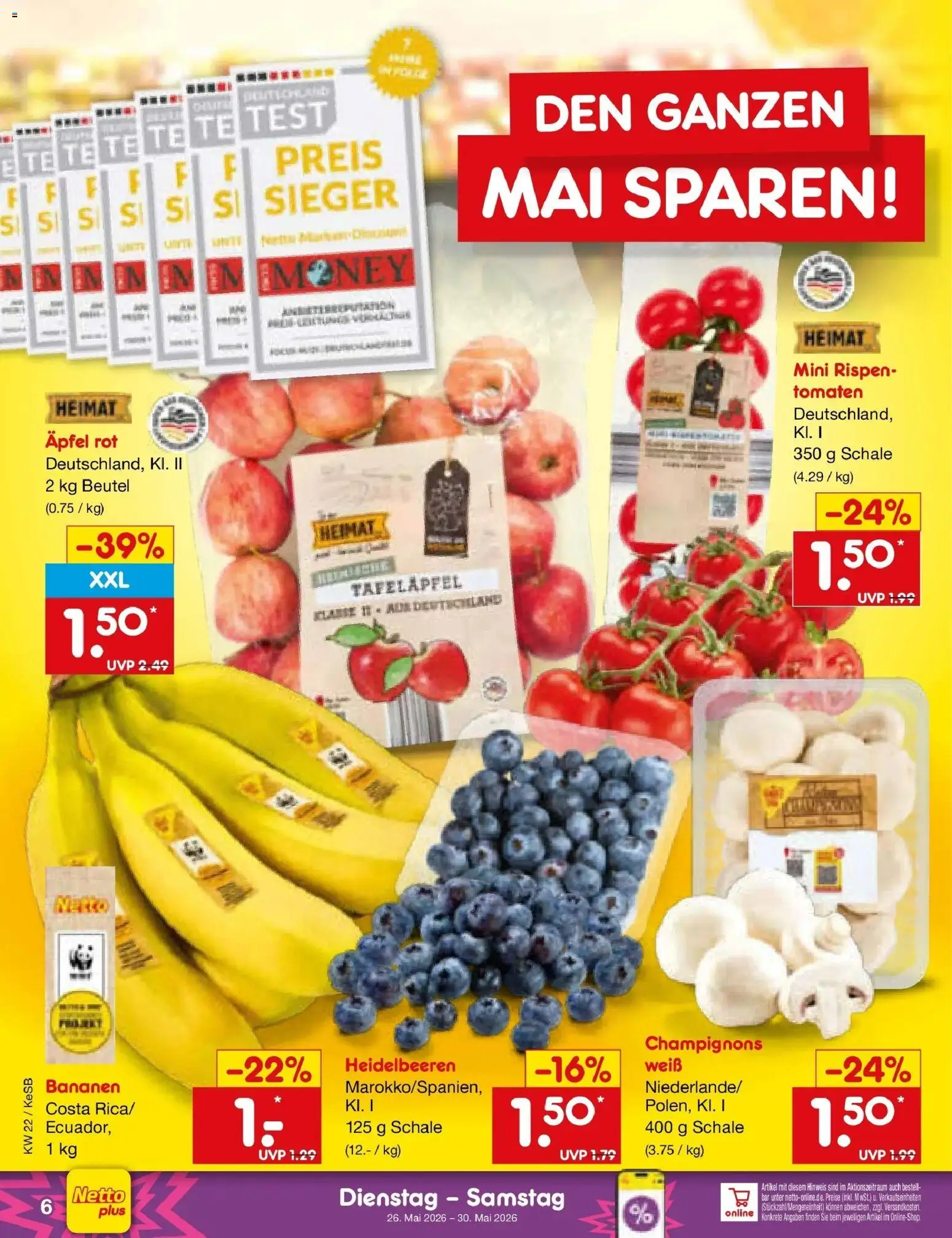 Netto Marken-Discount Prospekt Bonn – gültig ab 26.05.2026 | Seite: 8 | Produkte: Äpfel, Bananen, Tomaten, Heidelbeeren