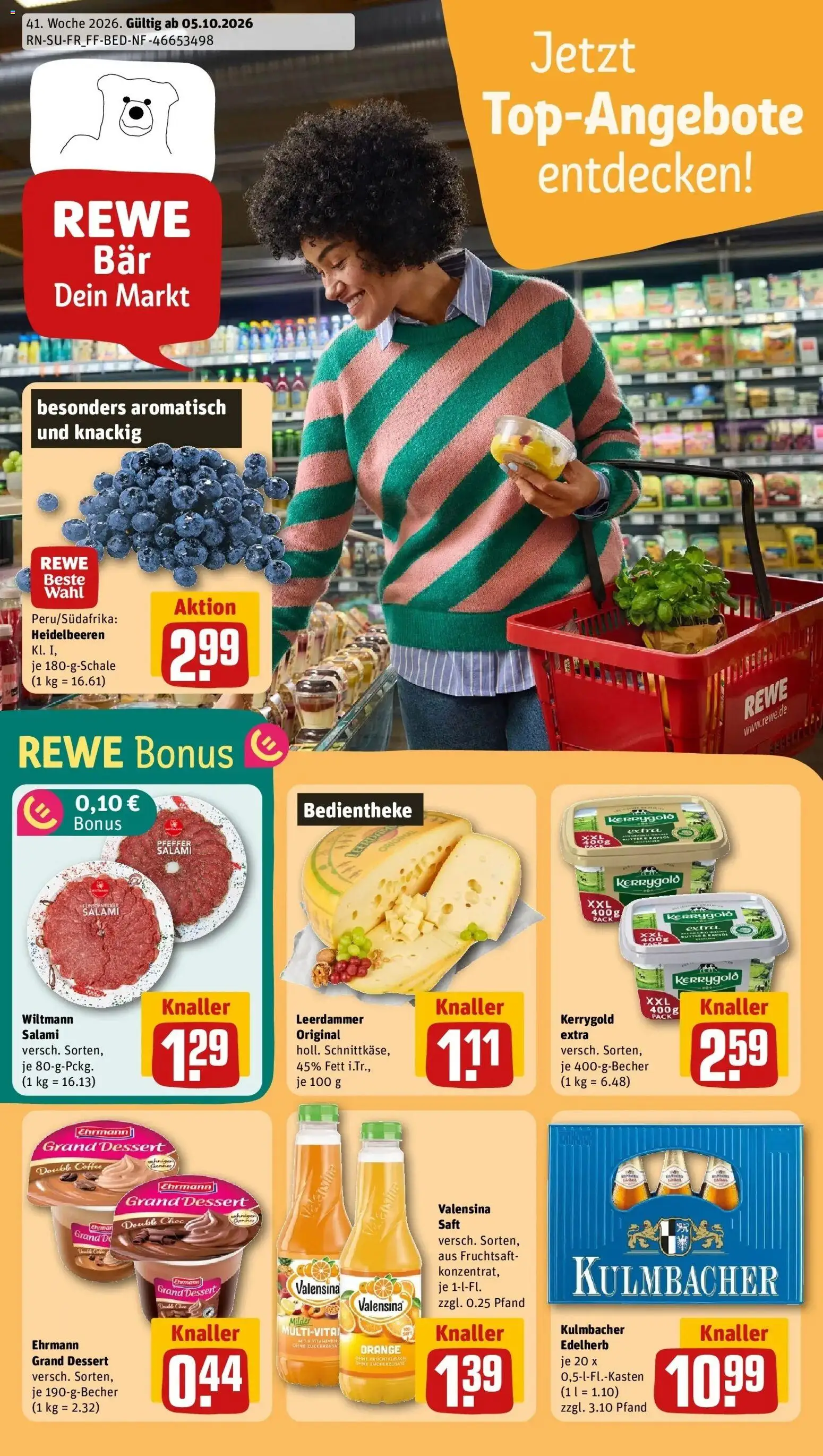 REWE Prospekt ab 05.10.2026 zum Blättern » Angebote | Seite: 5 | Produkte: Leerdammer, Valensina, Salami, Saft
