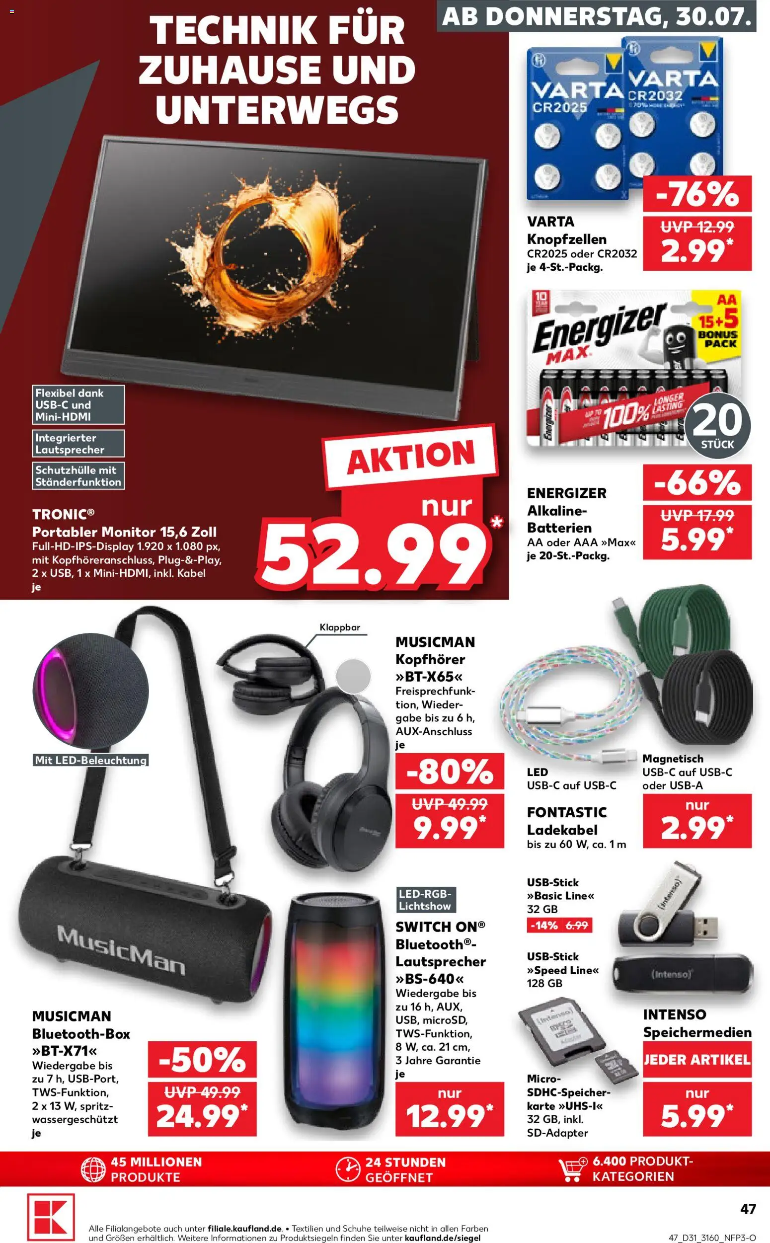 Kaufland Prospekt Rostock – gültig ab 30.07.2026 | Seite: 47 | Produkte: Lautsprecher, Batterien, Ladekabel, Kopfhörer